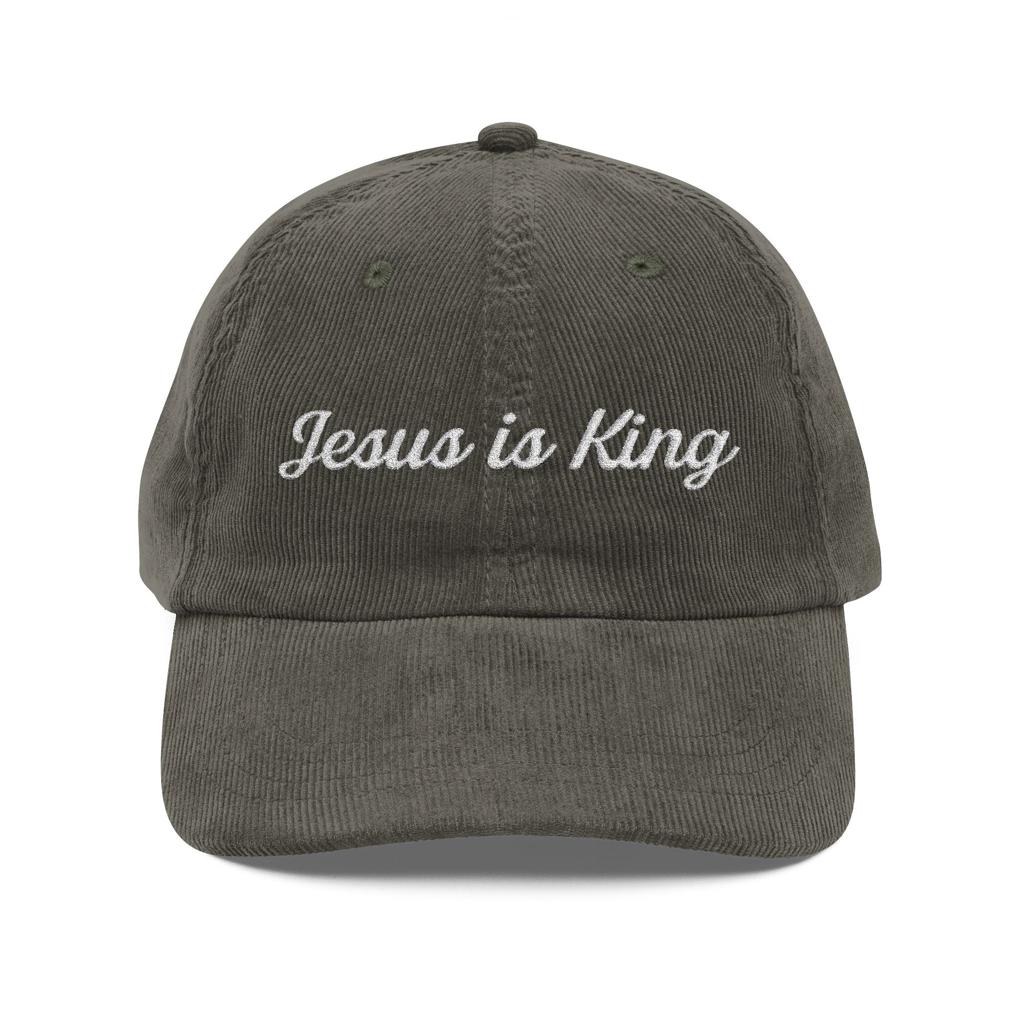 Jesus is King Hat — Vintage Corduroy Christian Cap | Embroidered Script Faith Hat