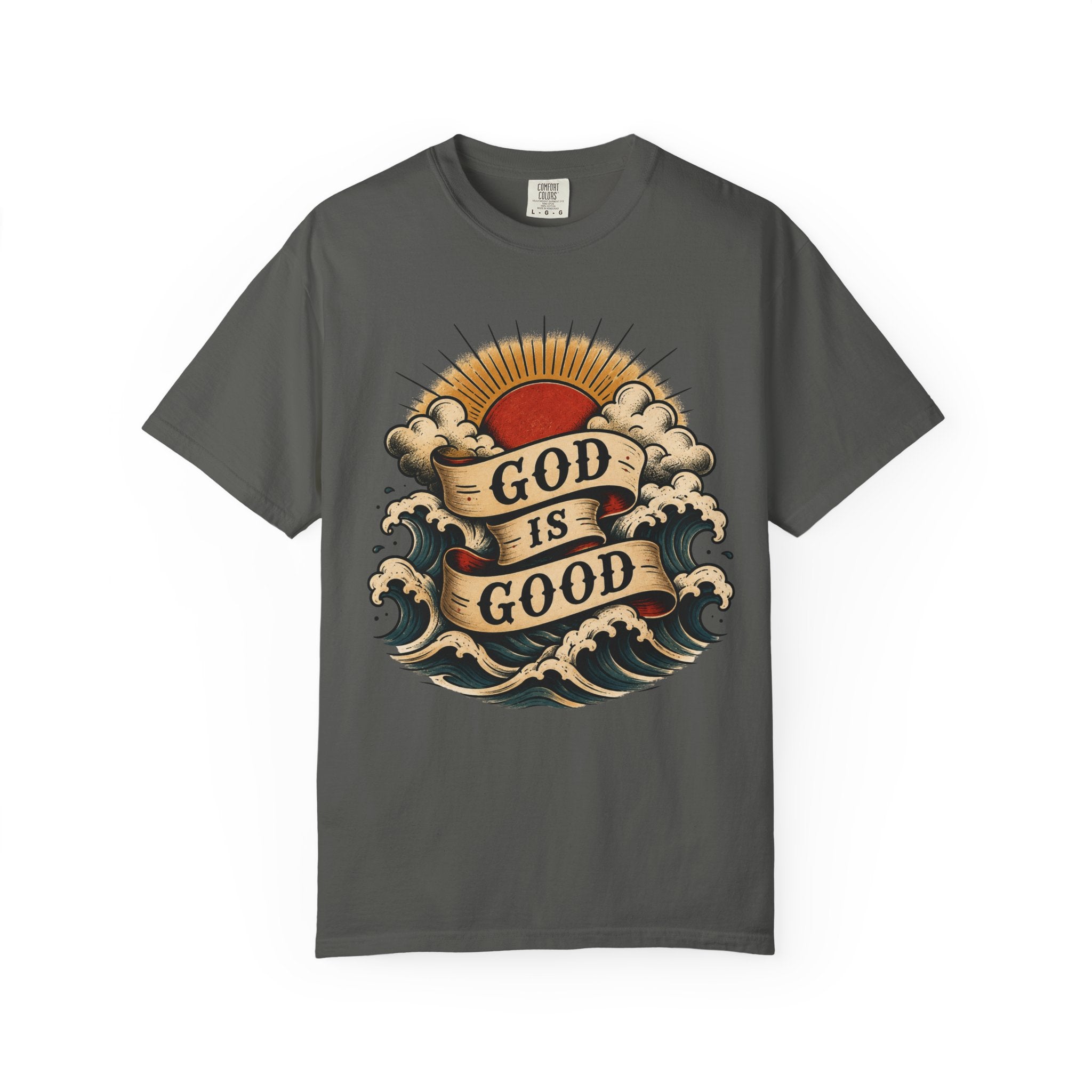 God Is Good Tee — American Traditional Tattoo Sun & Waves Comfort Colors T-Shirt