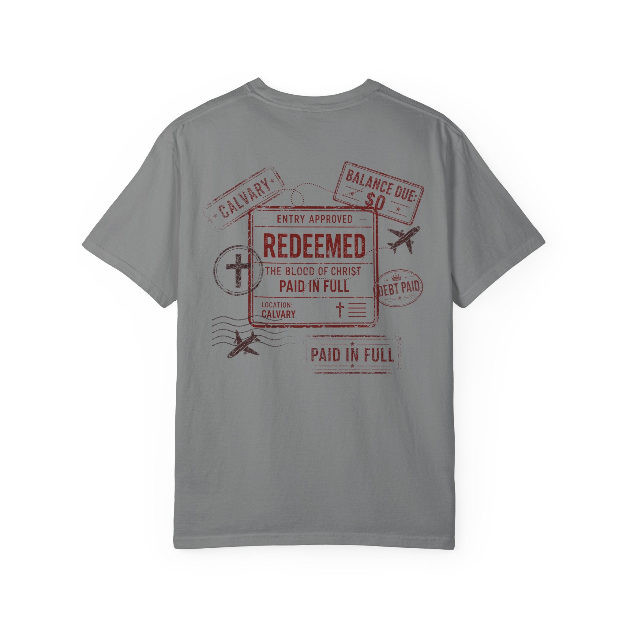 Redeemed Tee — Paid in Full Blood of Christ Passport Stamp Comfort Colors T-Shirt