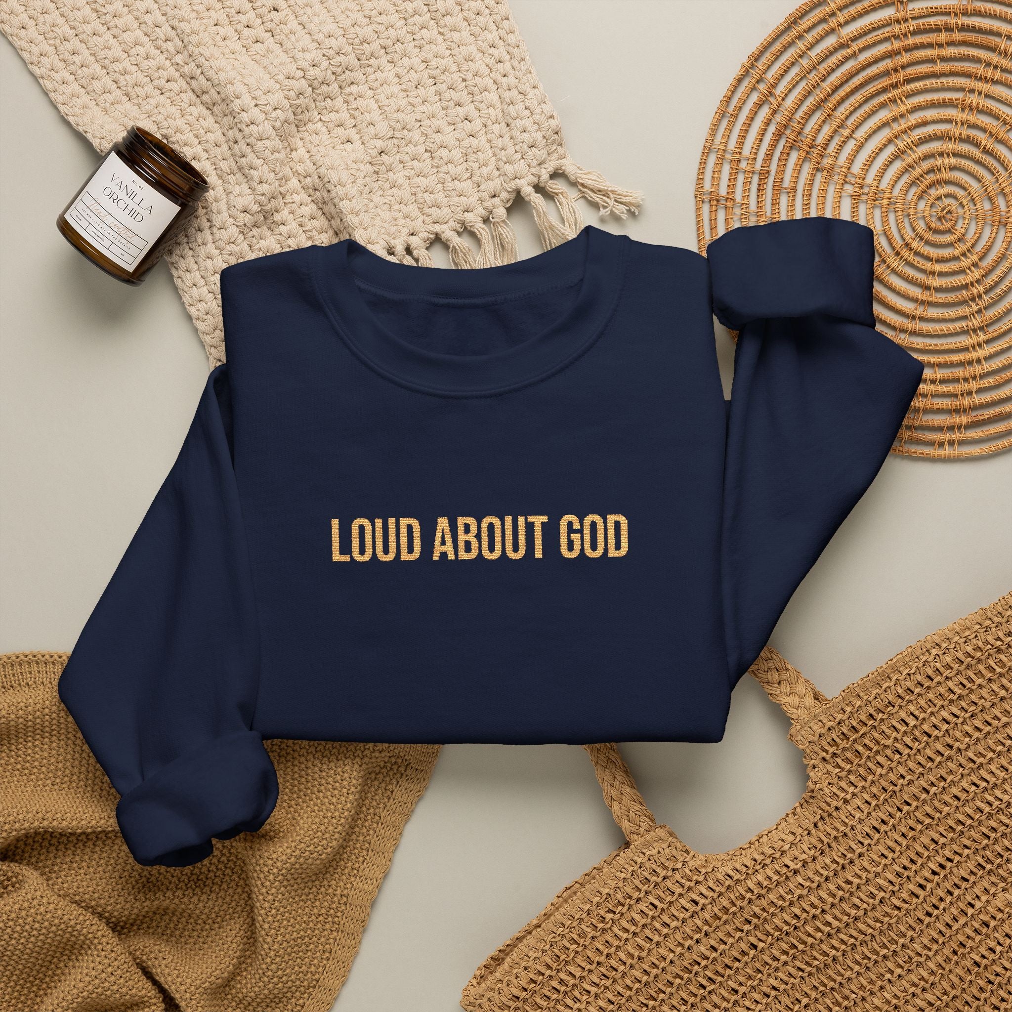 Loud About God Crewneck — Gold Logo Christian Sweatshirt