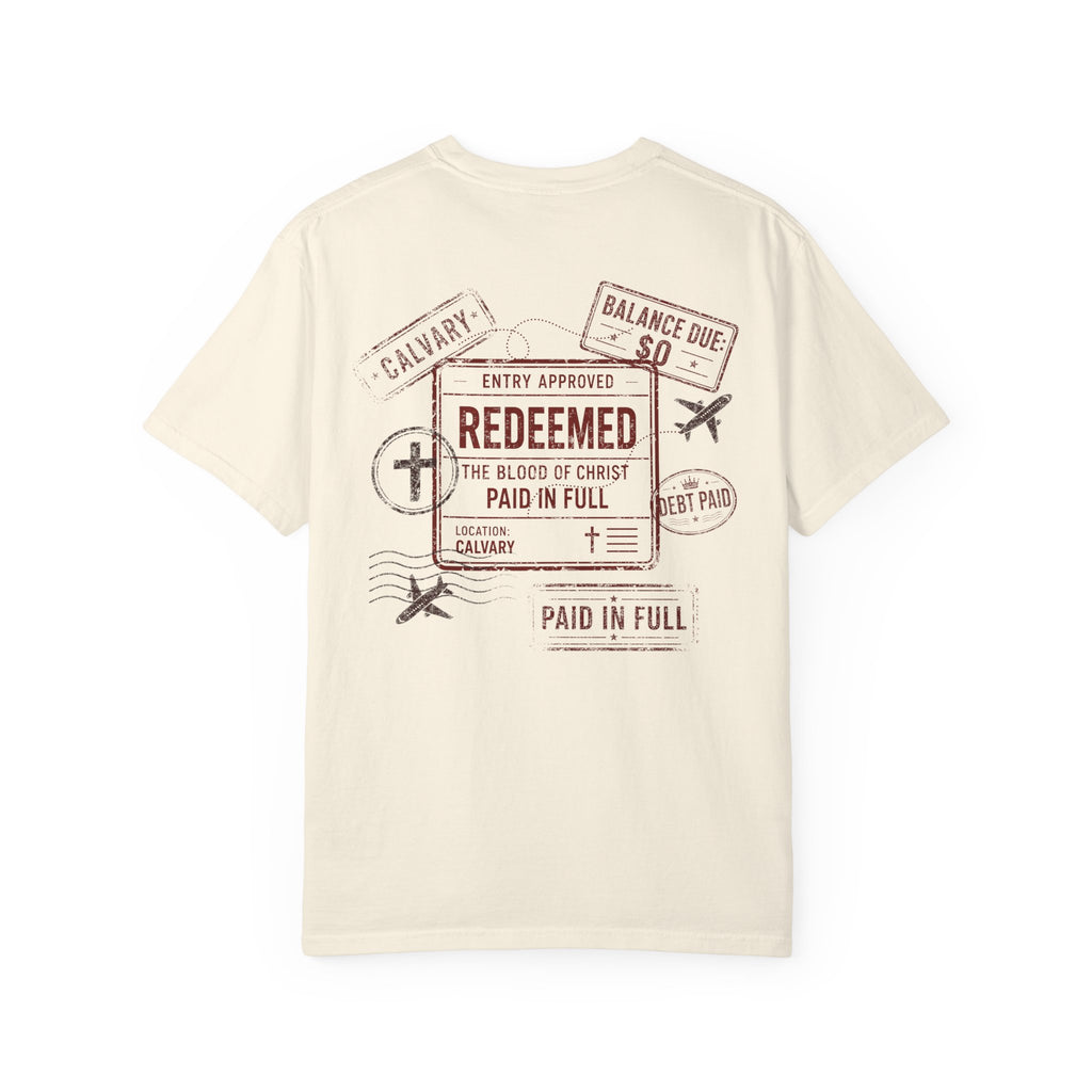 Redeemed Tee — Paid in Full Blood of Christ Passport Stamp Comfort Colors T-Shirt