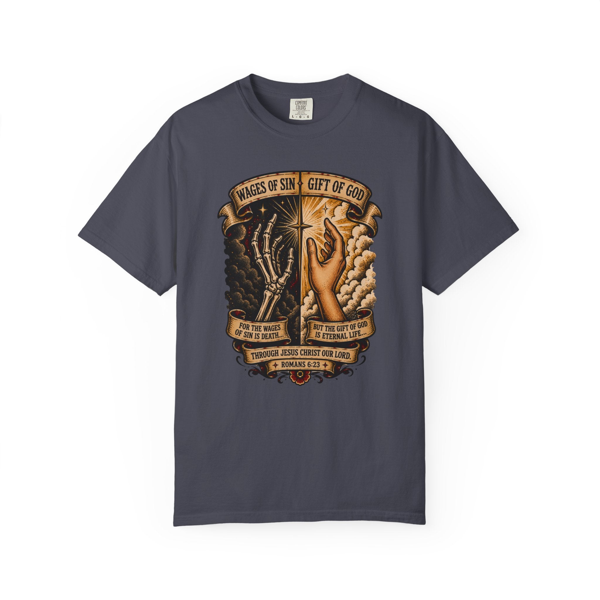 Wages of Sin, Gift of God Tee — Christian Tattoo Shirt