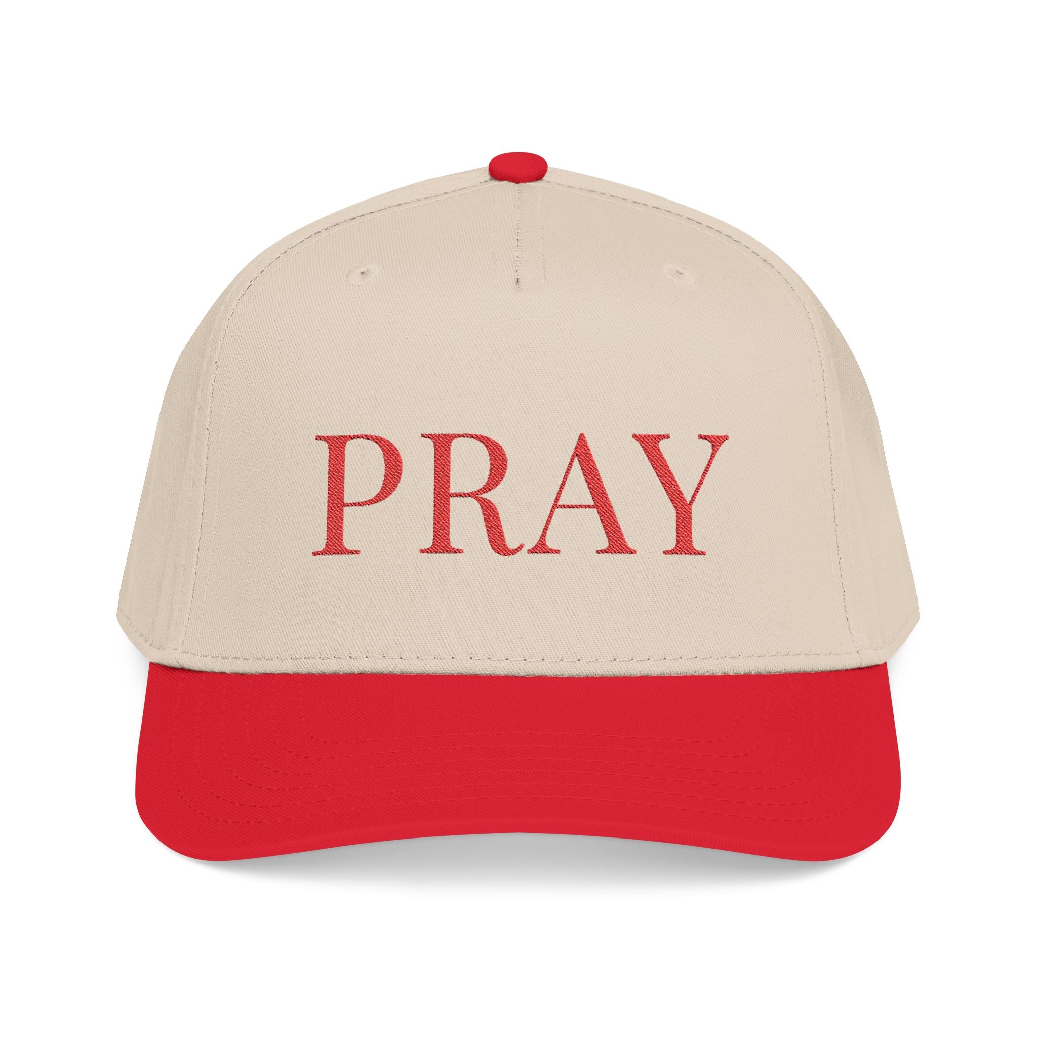 PRAY Embroidered Hat Red/Neutral — Christian Mid Profile Baseball Cap | Loud About God