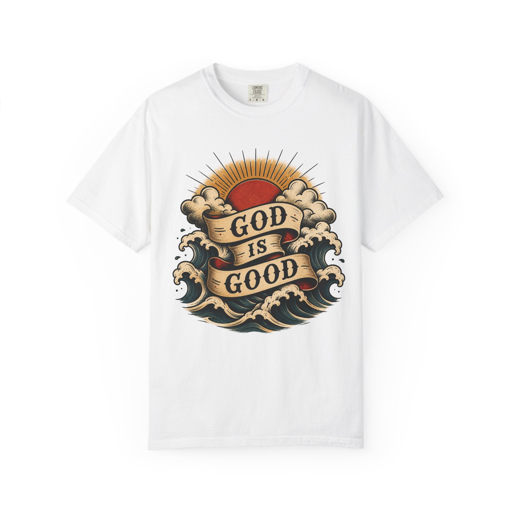 God Is Good Tee — American Traditional Tattoo Sun & Waves Comfort Colors T-Shirt