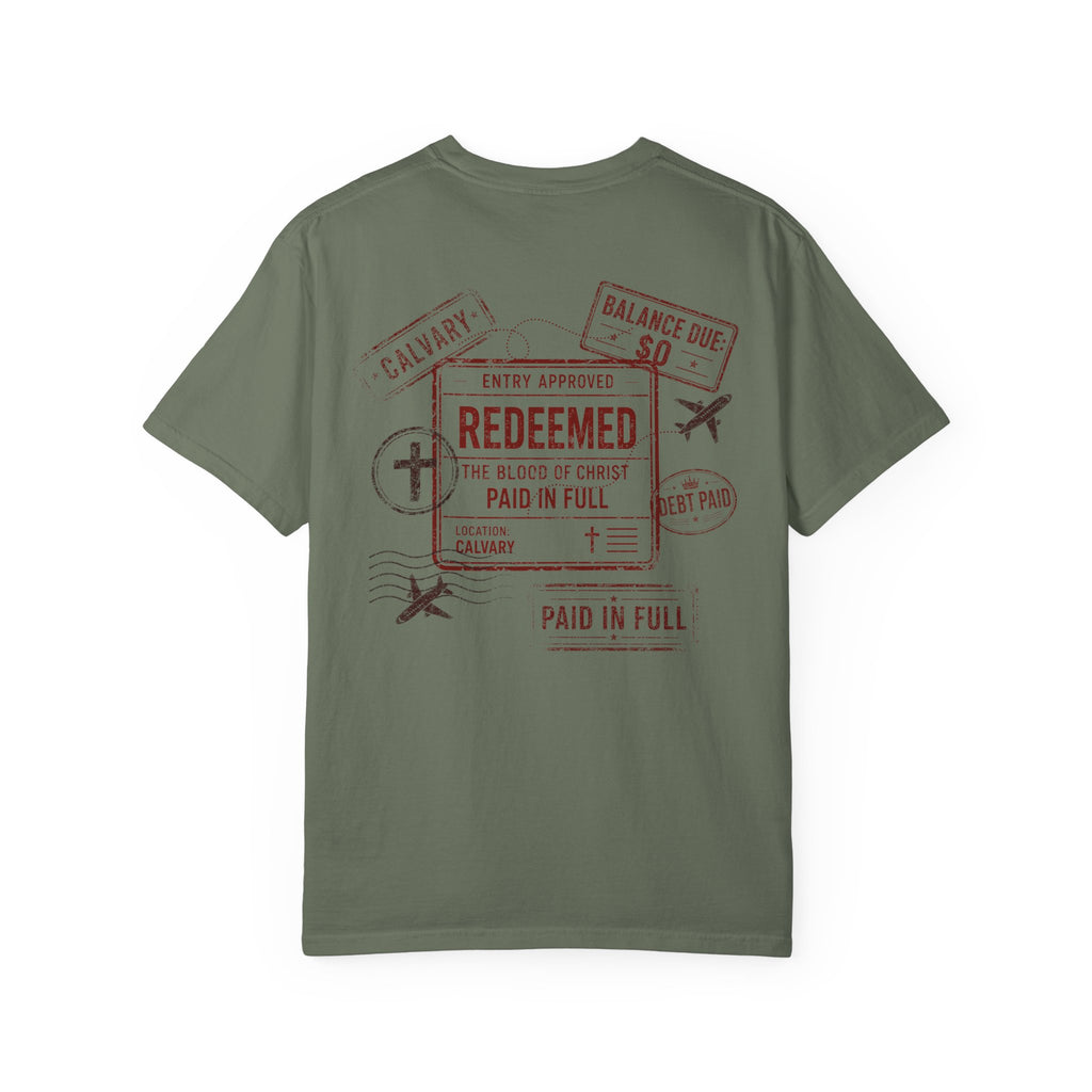 Redeemed Tee — Paid in Full Blood of Christ Passport Stamp Comfort Colors T-Shirt