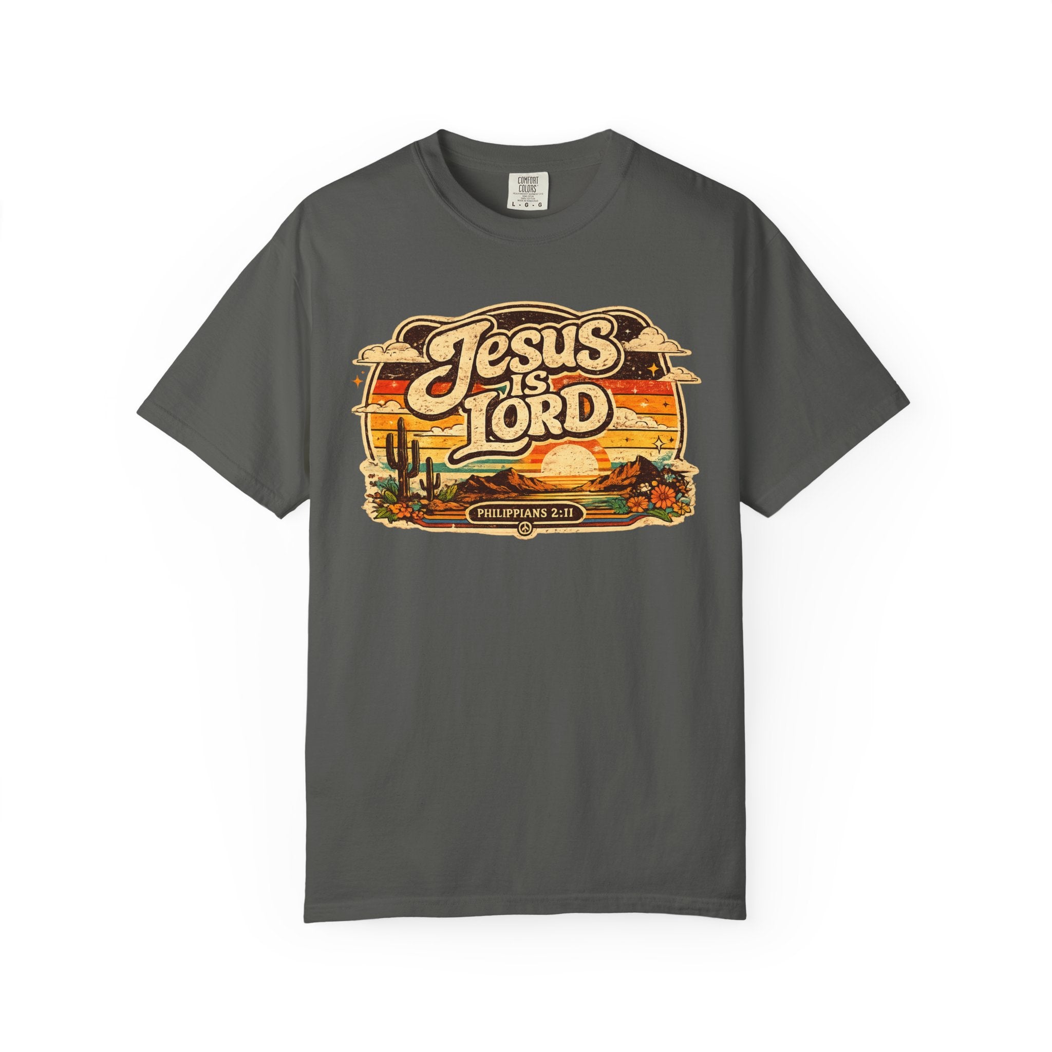 Jesus Is Lord Tee — Retro 70s Desert Sunset Philippians 2:11 Comfort Colors T-Shirt