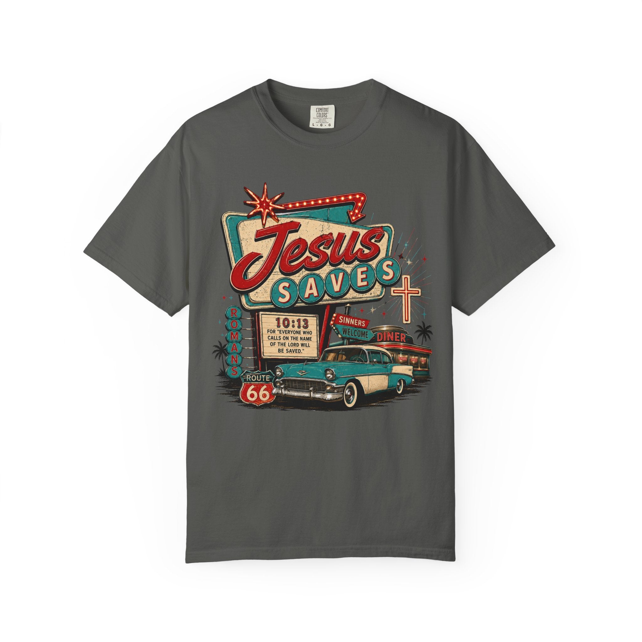 Jesus Saves Tee — Retro 50s Diner Neon Romans 10:13 Comfort Colors T-Shirt