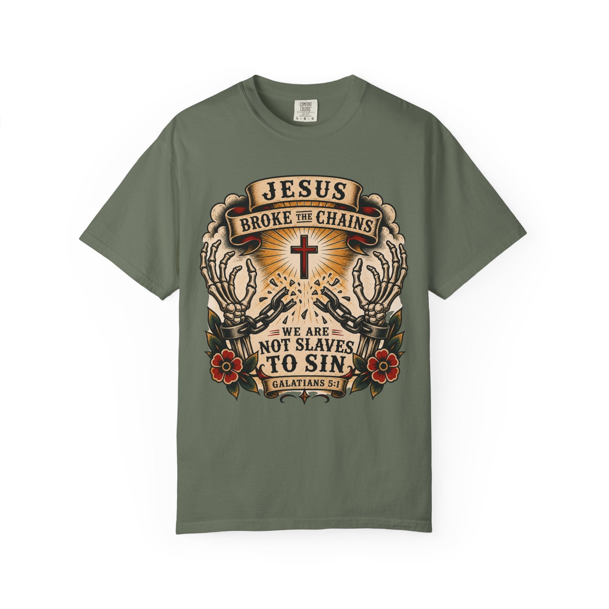 Jesus Broke the Chains Tee — American Traditional Tattoo Galatians 5:1 Comfort Colors T-Shirt