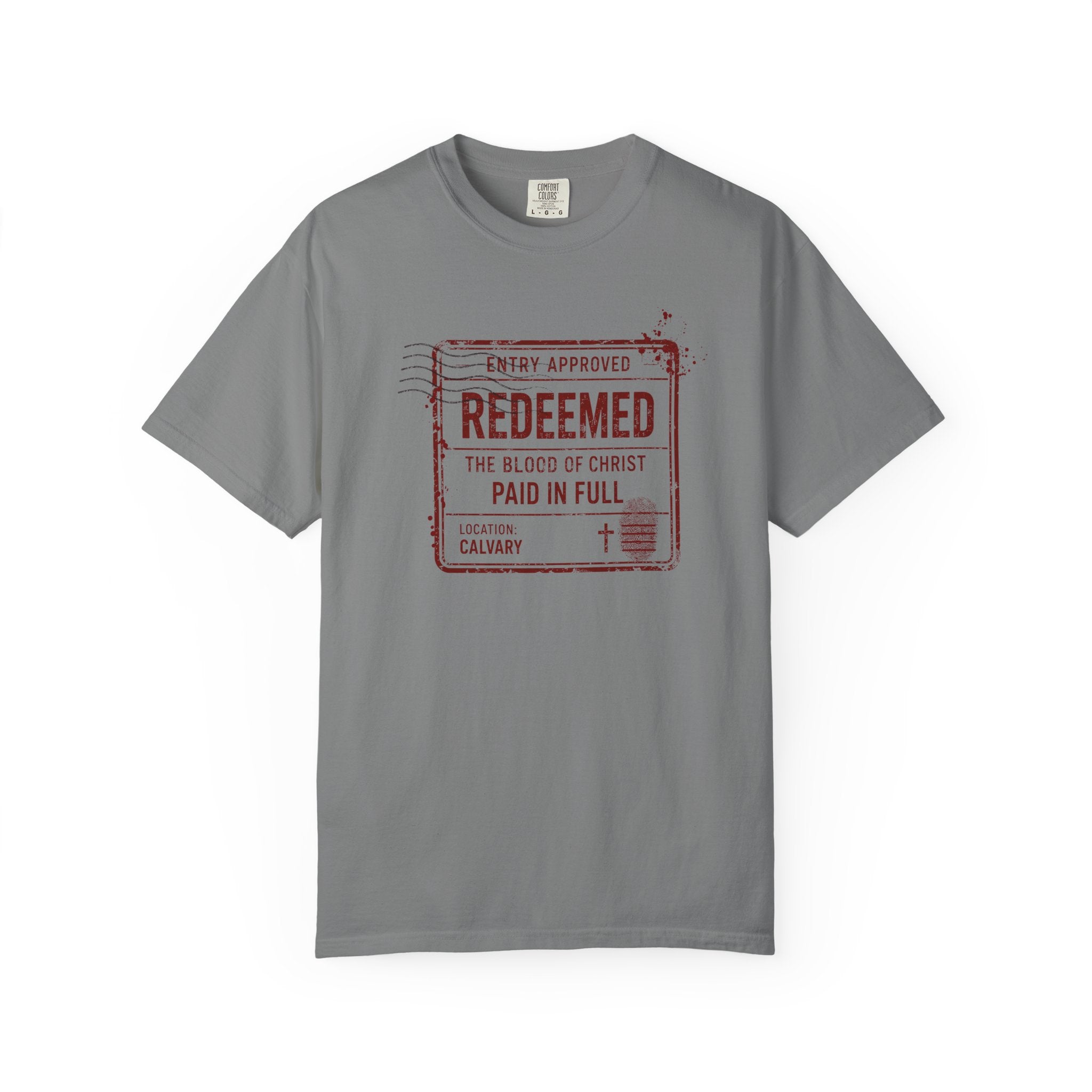 Redeemed Tee — Paid in Full Blood of Christ Passport Stamp Comfort Colors T-Shirt