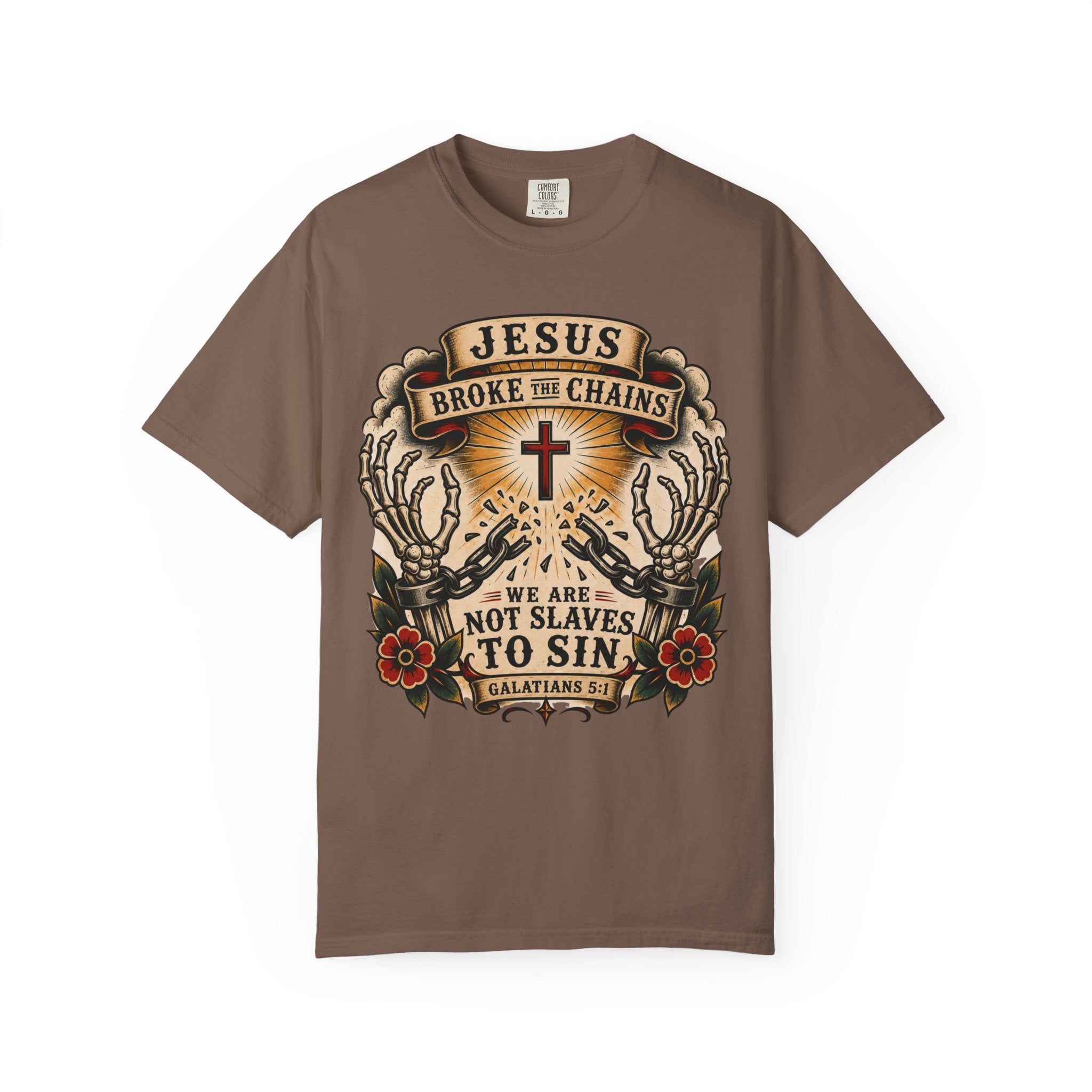 Jesus Broke the Chains Tee — American Traditional Tattoo Galatians 5:1 Comfort Colors T-Shirt