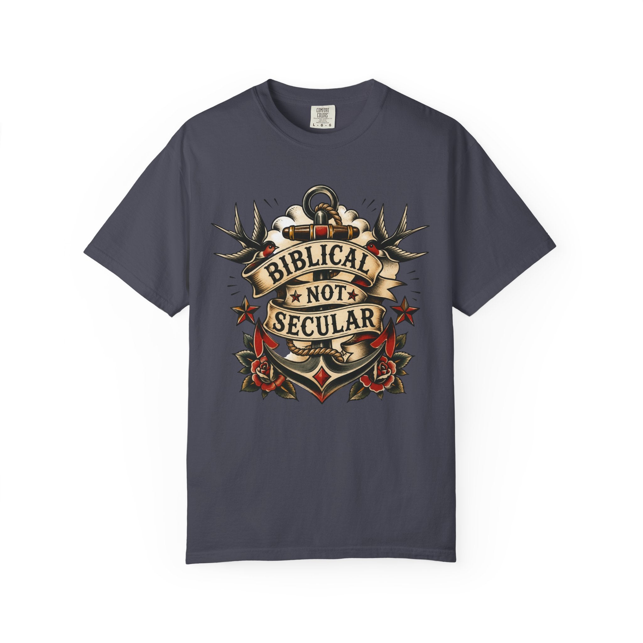 Biblical Not Secular Tee — American Traditional Tattoo Anchor Comfort Colors T-Shirt