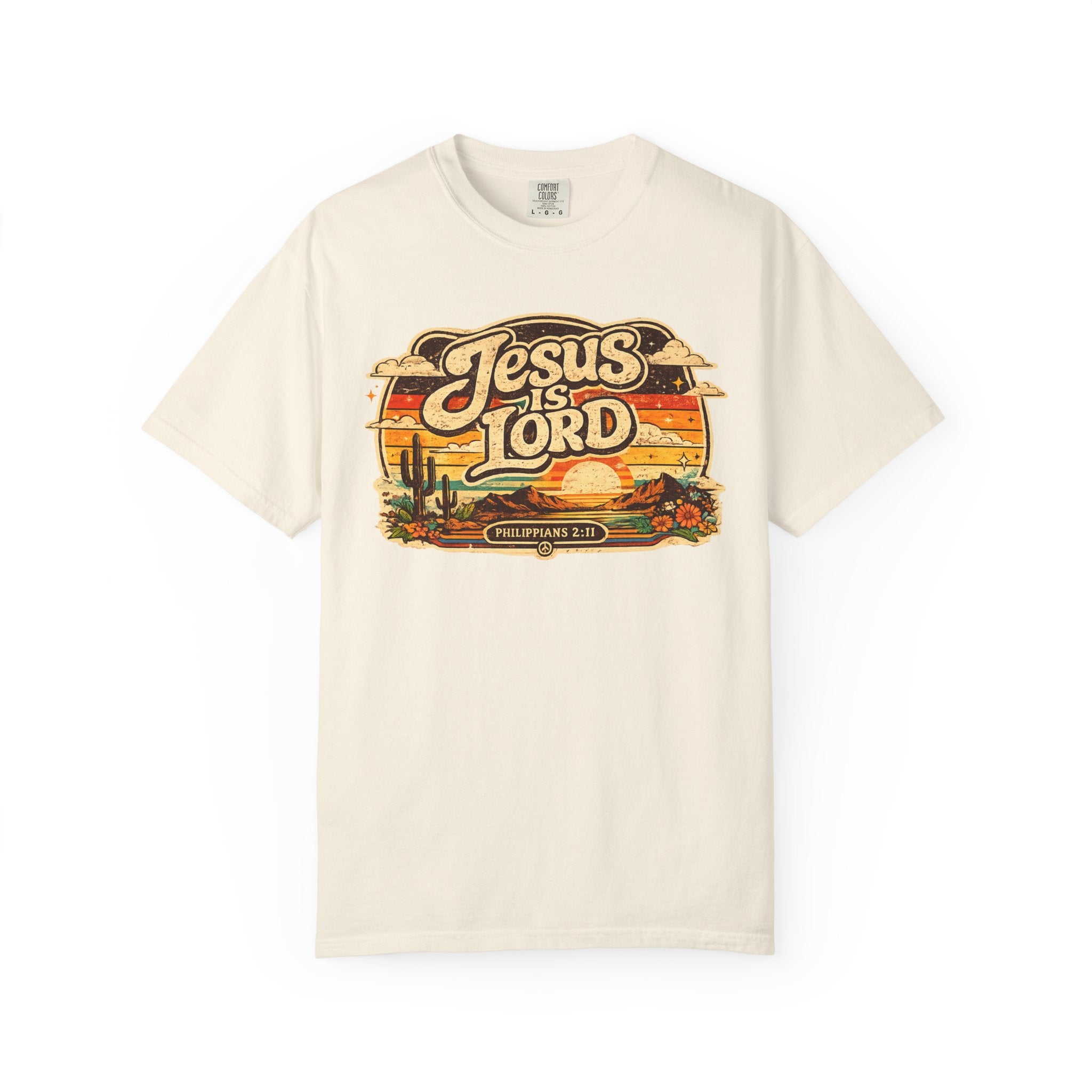 Jesus Is Lord Tee — Retro 70s Desert Sunset Philippians 2:11 Comfort Colors T-Shirt