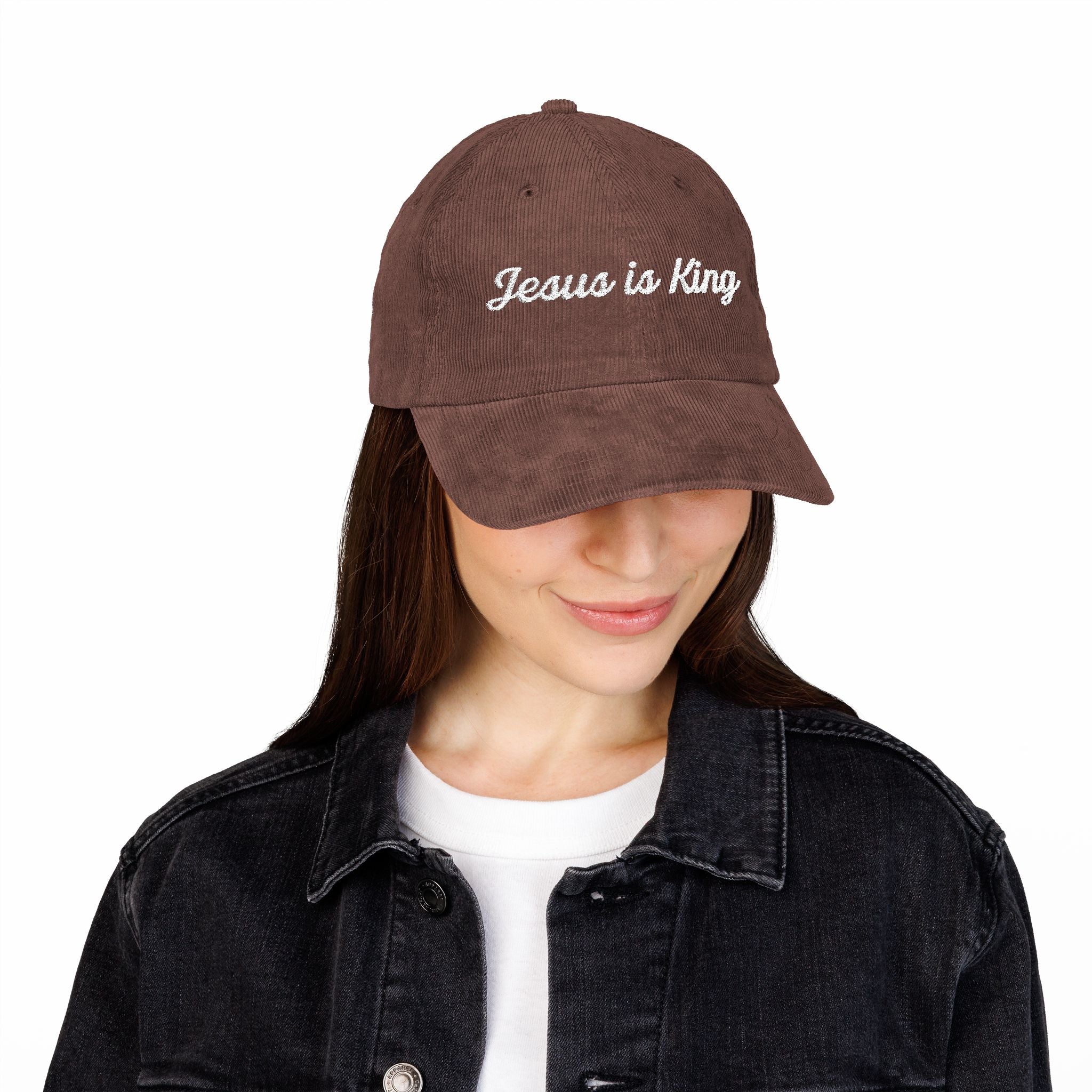 Jesus is King Hat — Vintage Corduroy Christian Cap | Embroidered Script Faith Hat