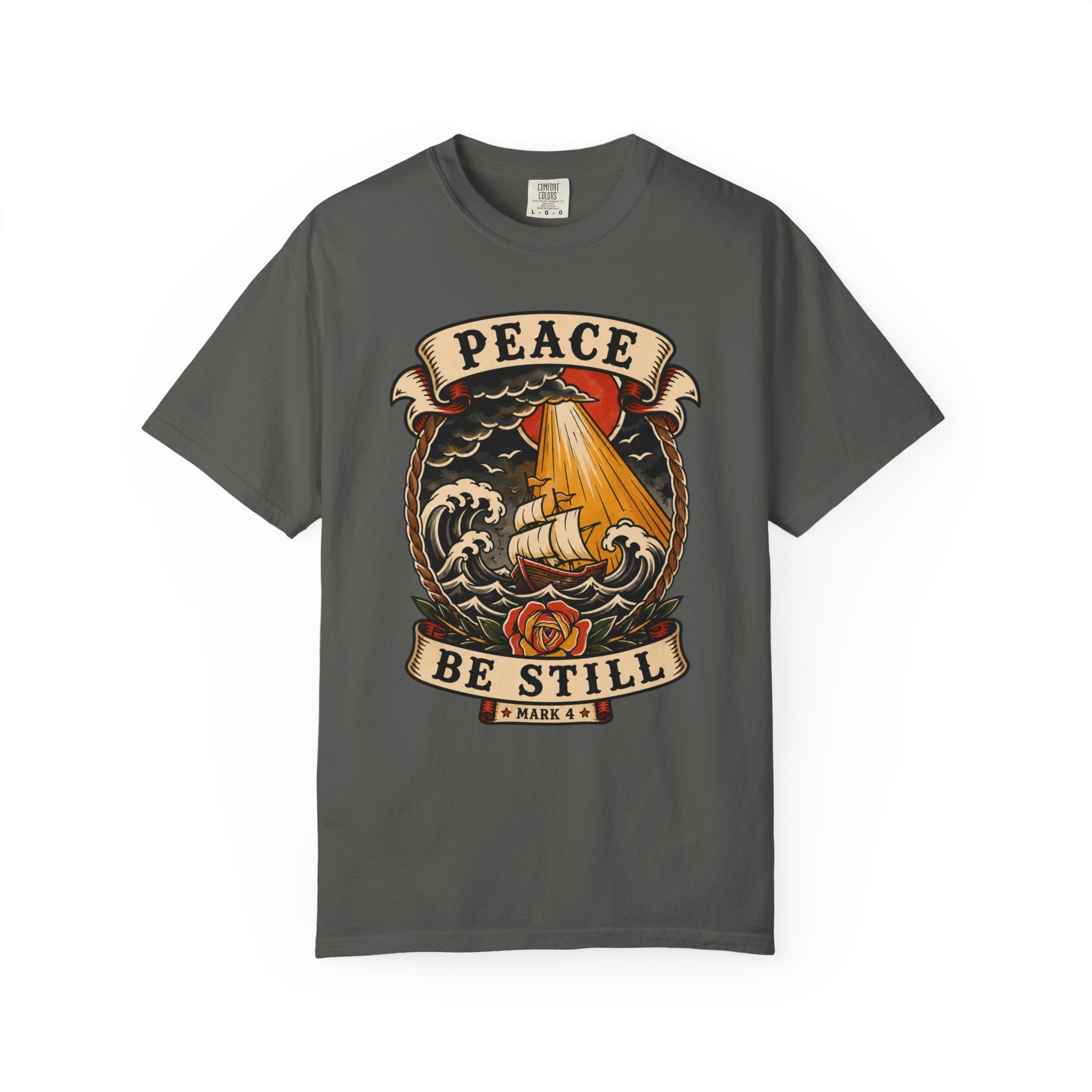 Peace Be Still Tee — Storm Ship Christian Tattoo Shirt
