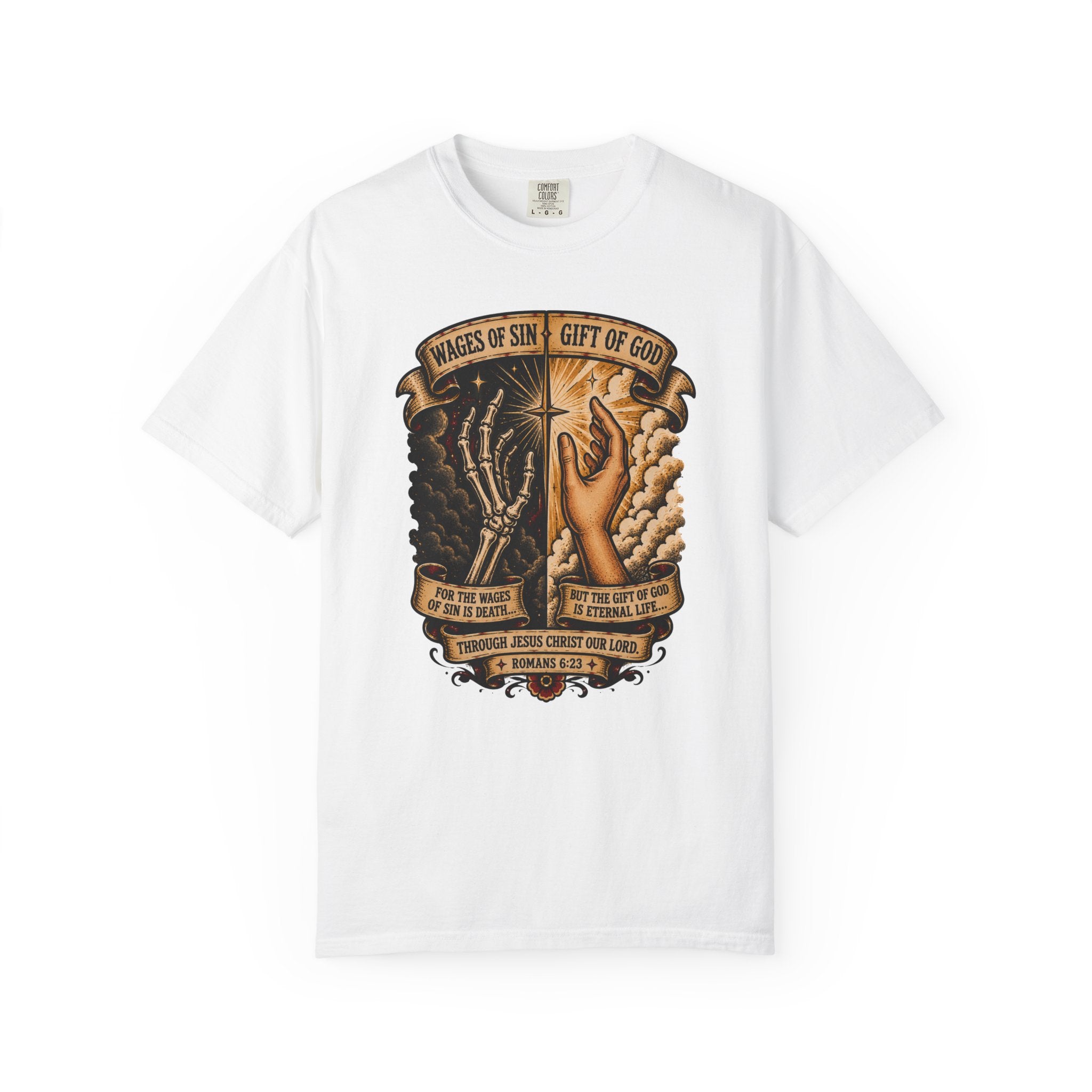 Wages of Sin, Gift of God Tee — Christian Tattoo Shirt