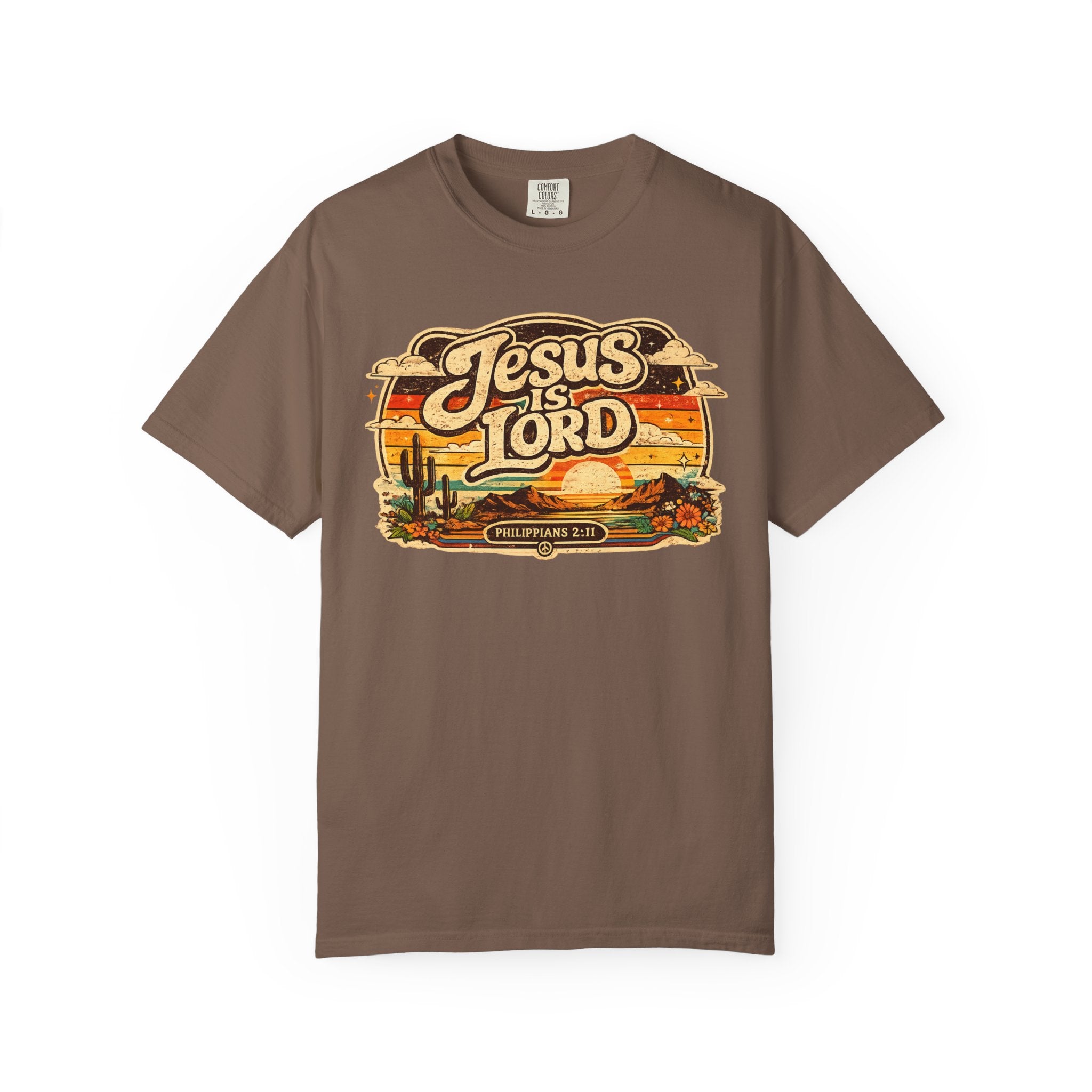 Jesus Is Lord Tee — Retro 70s Desert Sunset Philippians 2:11 Comfort Colors T-Shirt