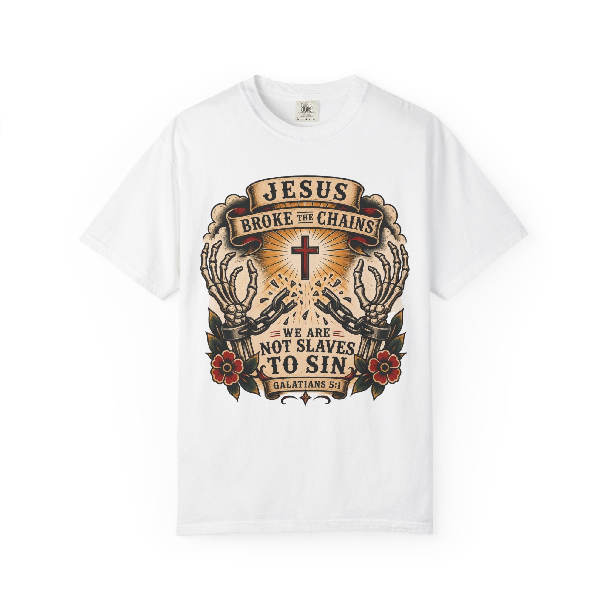 Jesus Broke the Chains Tee — American Traditional Tattoo Galatians 5:1 Comfort Colors T-Shirt