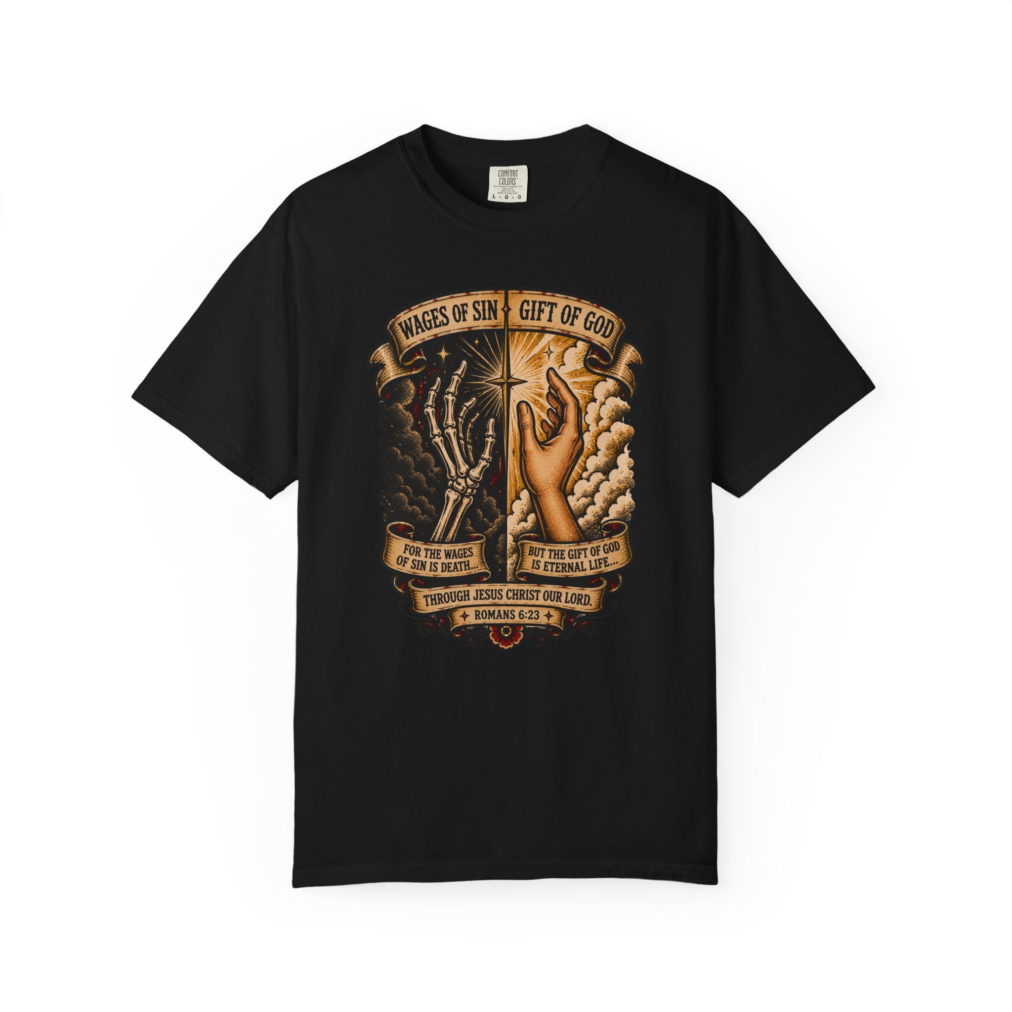 Wages of Sin, Gift of God Tee — Christian Tattoo Shirt