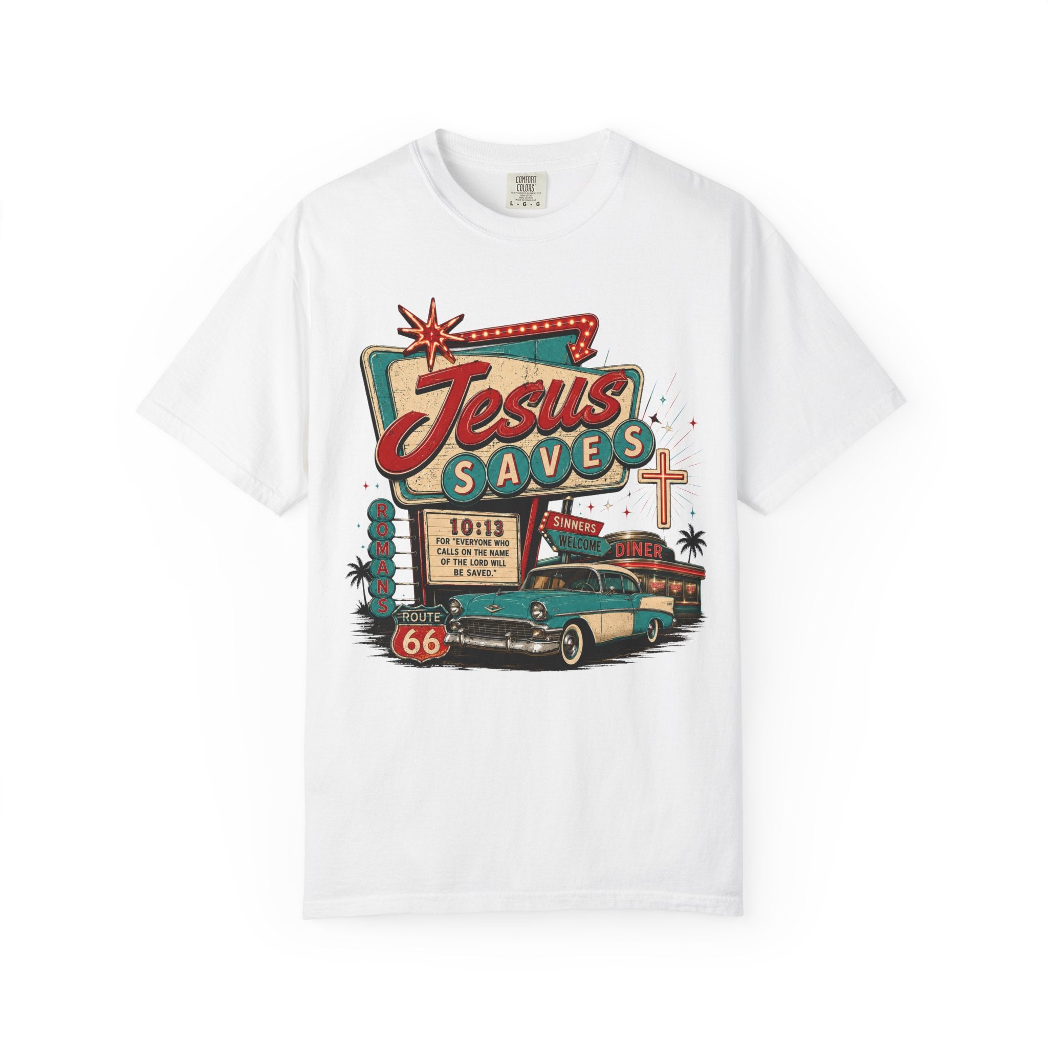 Jesus Saves Tee — Retro 50s Diner Neon Romans 10:13 Comfort Colors T-Shirt