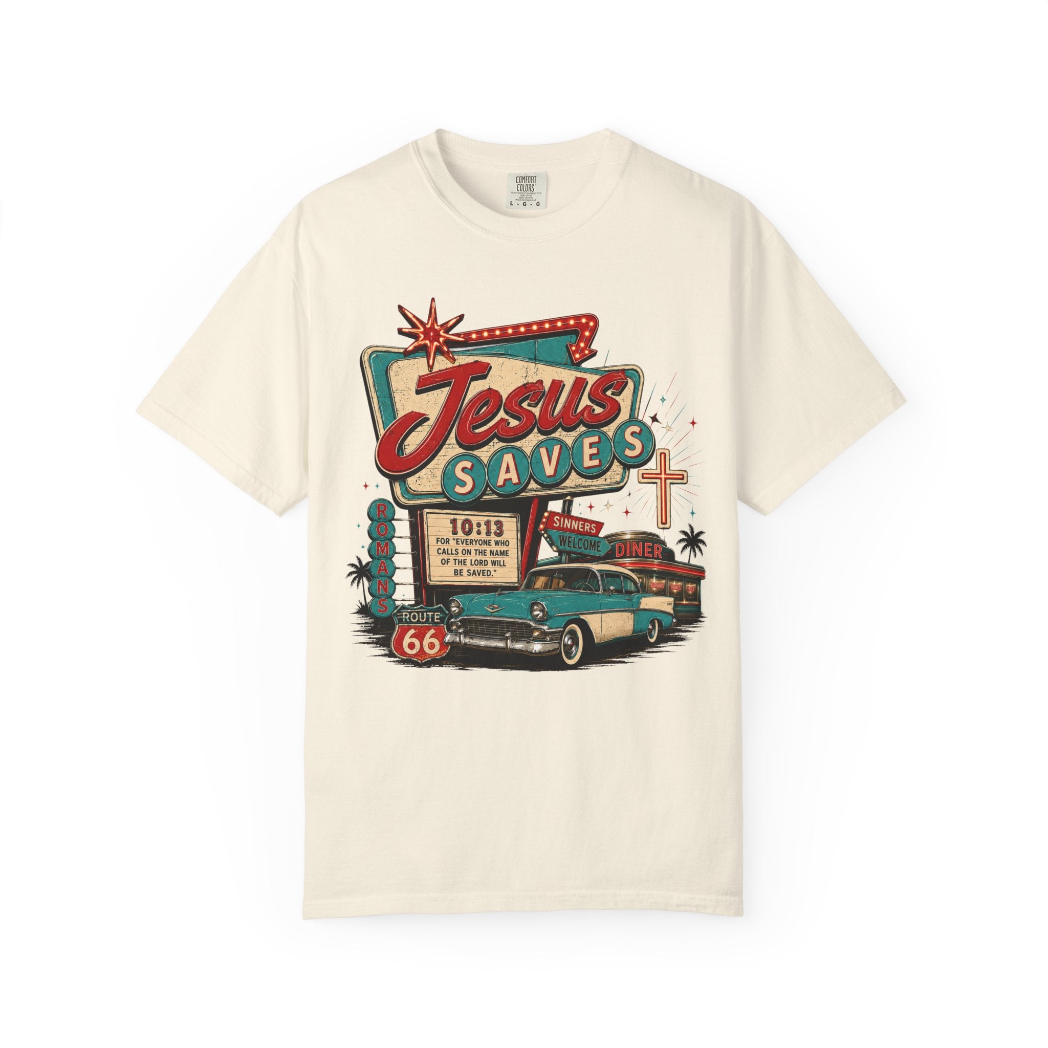 Jesus Saves Tee — Retro 50s Diner Neon Romans 10:13 Comfort Colors T-Shirt