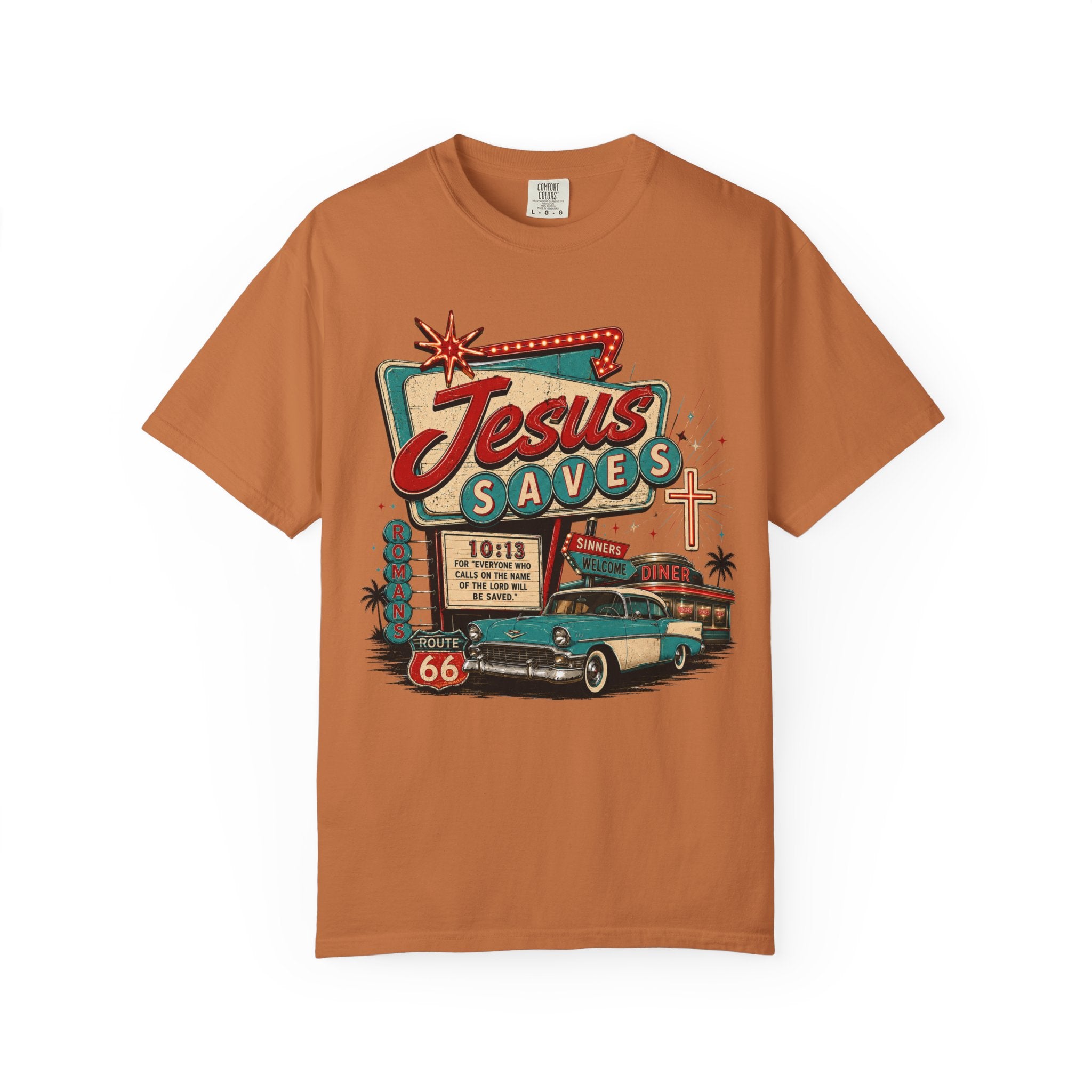 Jesus Saves Tee — Retro 50s Diner Neon Romans 10:13 Comfort Colors T-Shirt