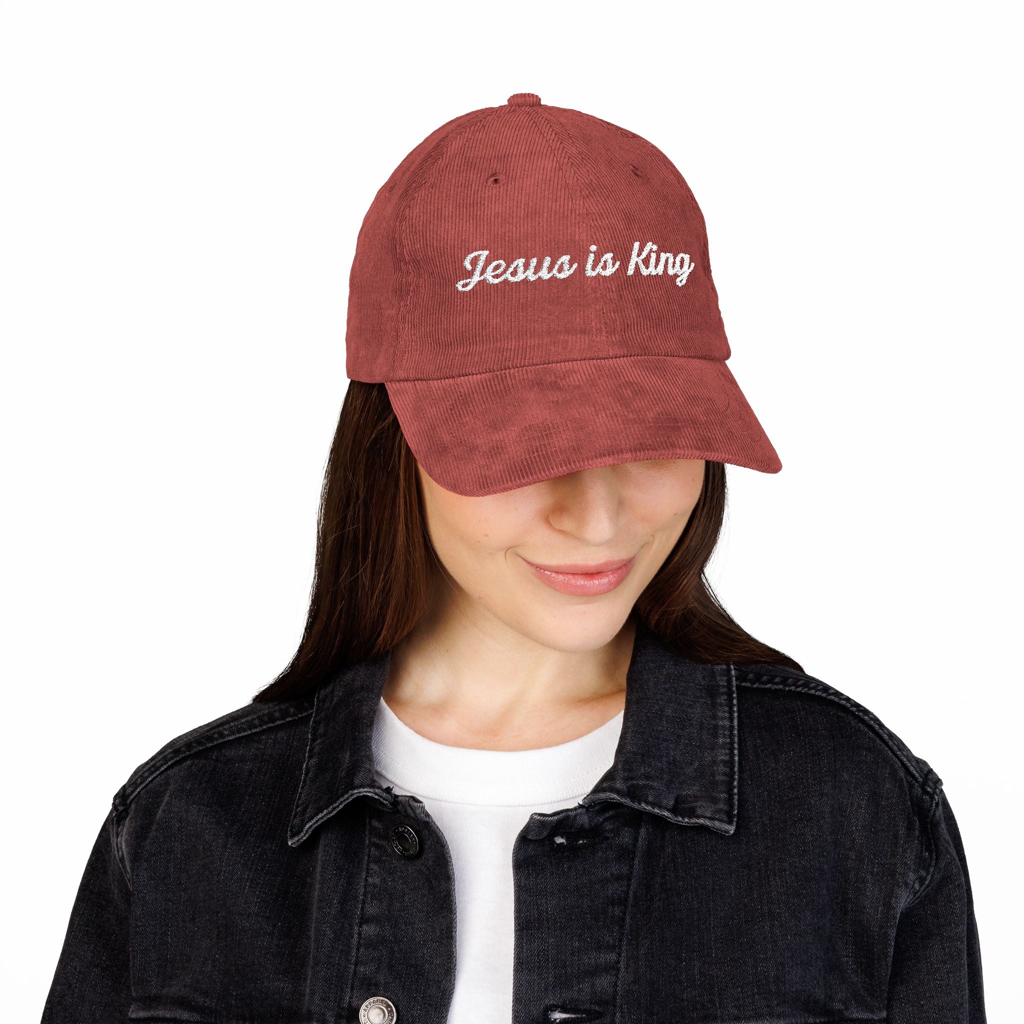 Jesus is King Hat — Vintage Corduroy Christian Cap | Embroidered Script Faith Hat