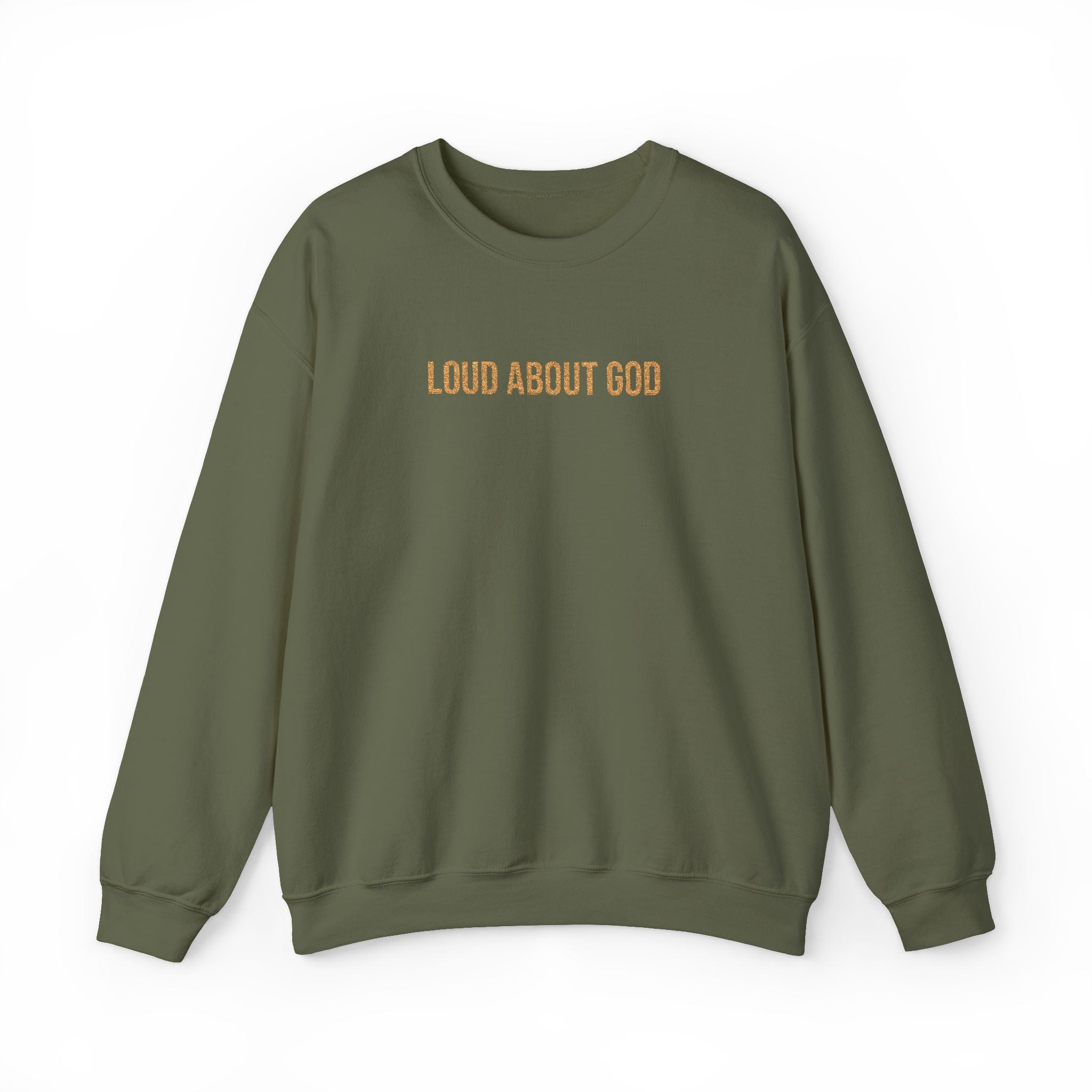 Loud About God Crewneck — Gold Logo Christian Sweatshirt