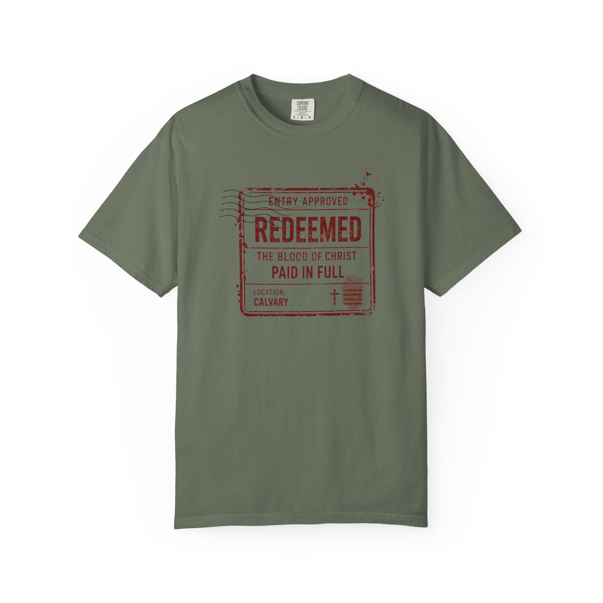 Redeemed Tee — Paid in Full Blood of Christ Passport Stamp Comfort Colors T-Shirt