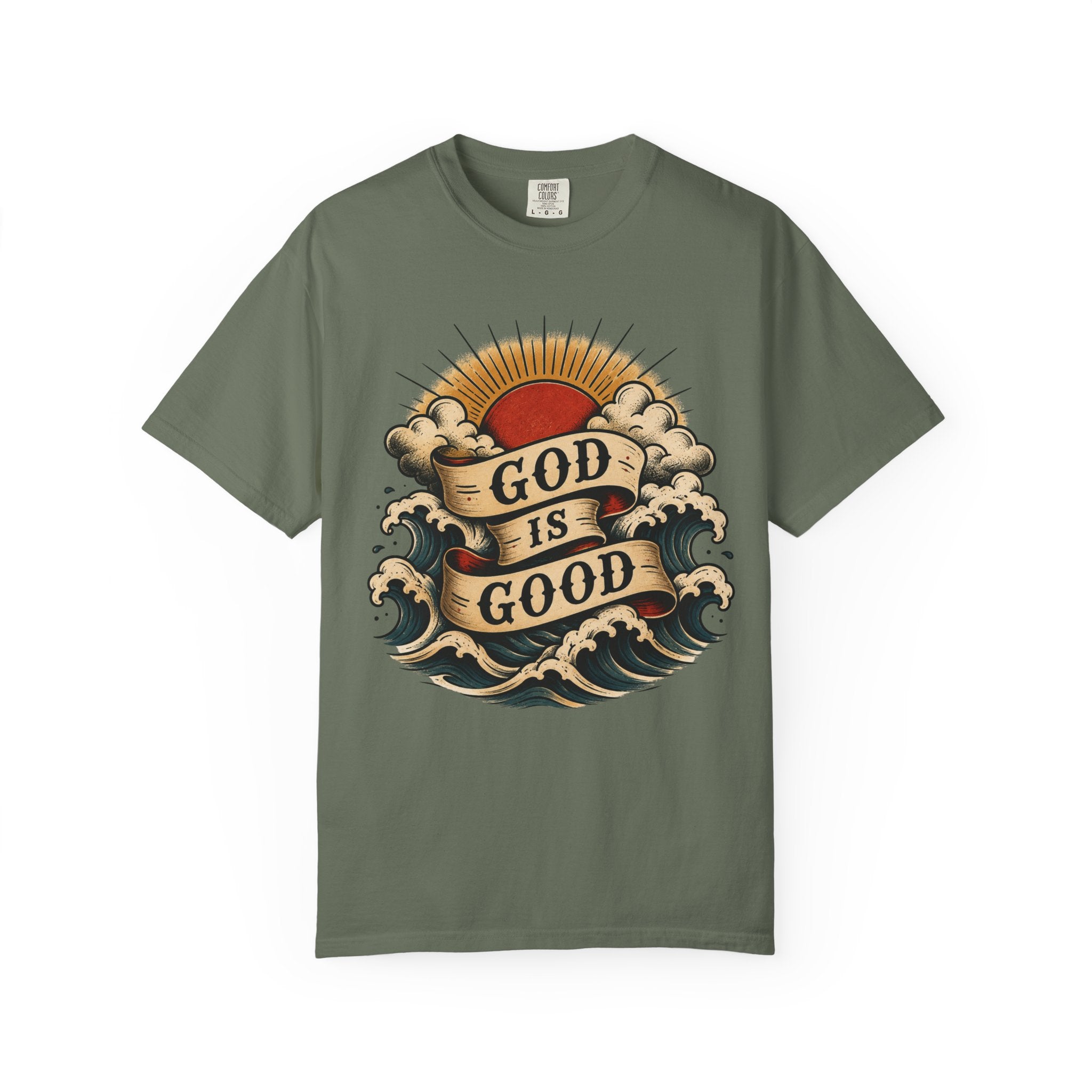God Is Good Tee — American Traditional Tattoo Sun & Waves Comfort Colors T-Shirt
