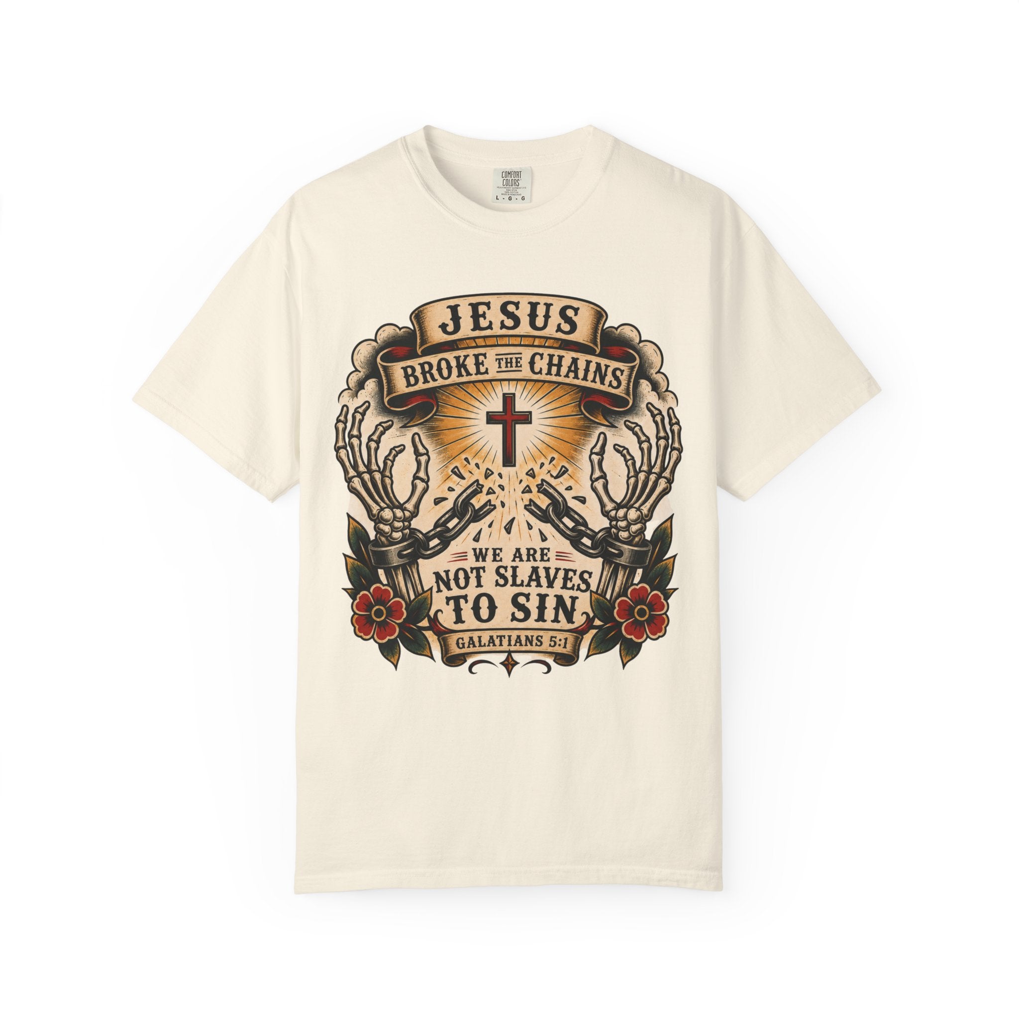 Jesus Broke the Chains Tee — American Traditional Tattoo Galatians 5:1 Comfort Colors T-Shirt
