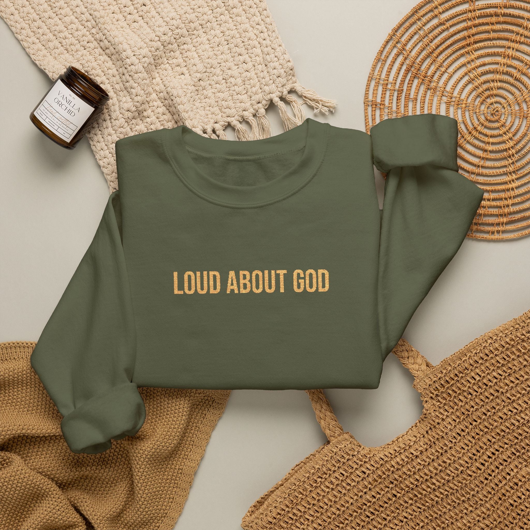 Loud About God Crewneck — Gold Logo Christian Sweatshirt