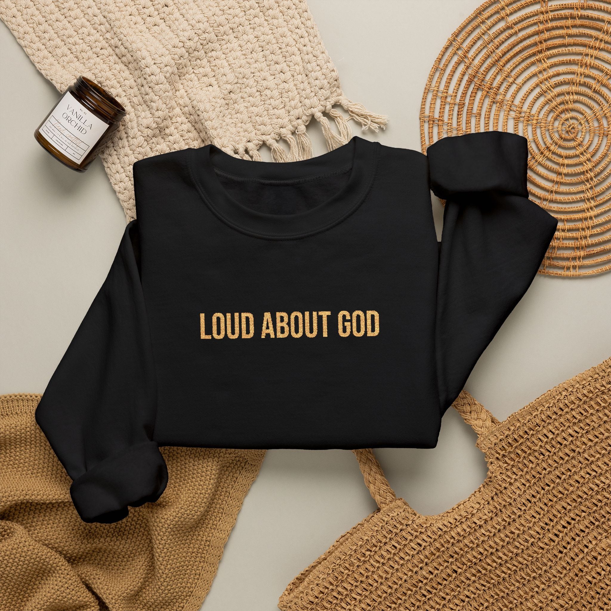 Loud About God Crewneck — Gold Logo Christian Sweatshirt