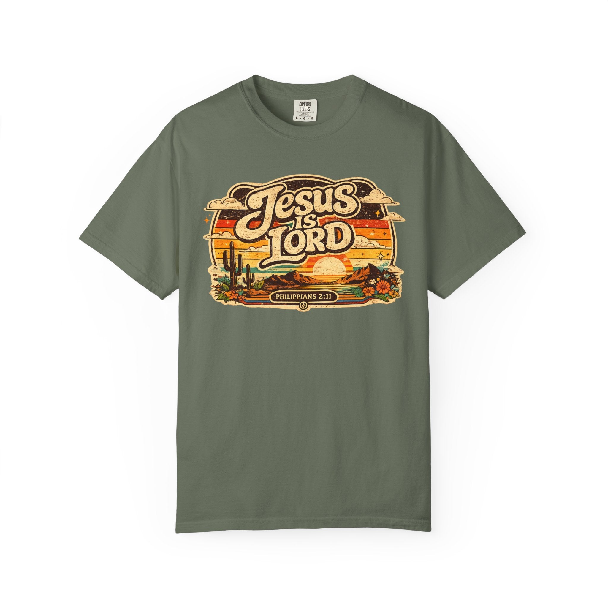Jesus Is Lord Tee — Retro 70s Desert Sunset Philippians 2:11 Comfort Colors T-Shirt