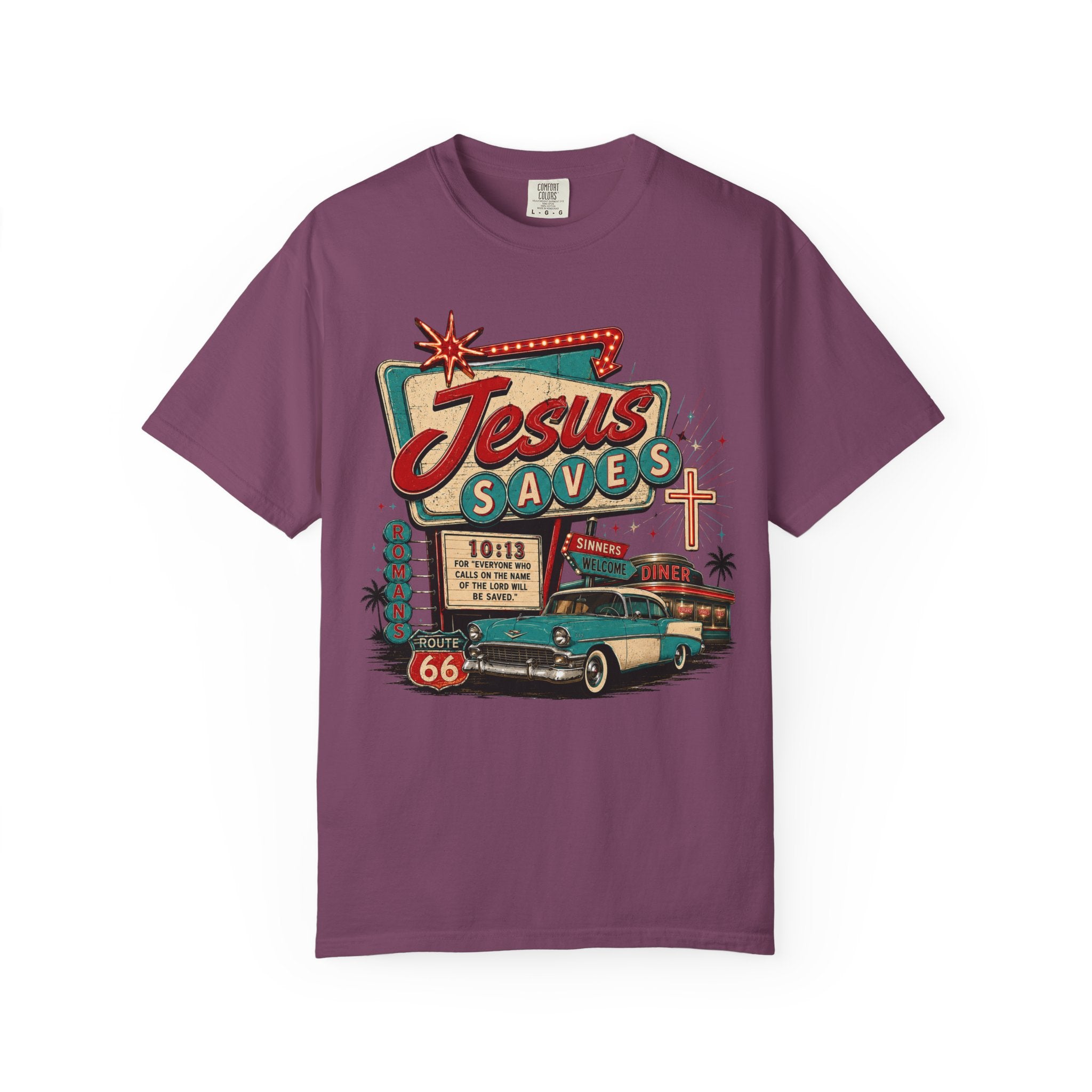 Jesus Saves Tee — Retro 50s Diner Neon Romans 10:13 Comfort Colors T-Shirt