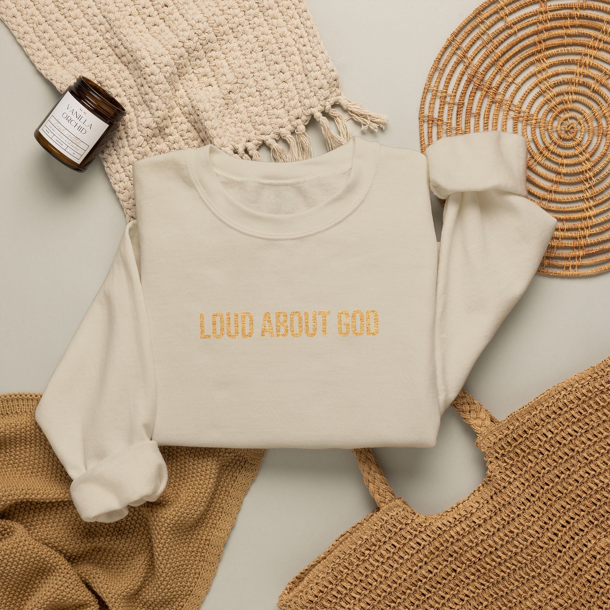 Loud About God Crewneck — Gold Logo Christian Sweatshirt