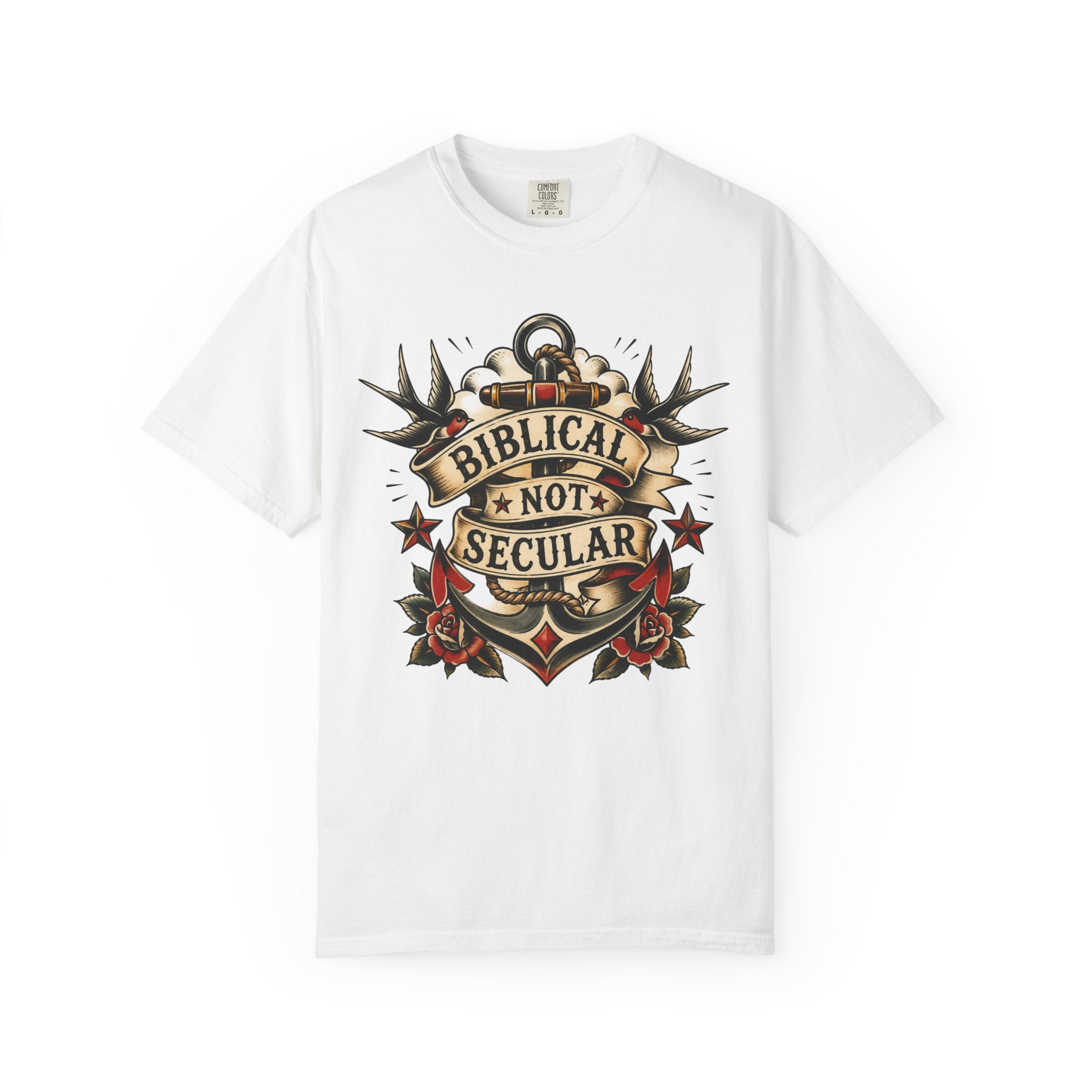 Biblical Not Secular Tee — American Traditional Tattoo Anchor Comfort Colors T-Shirt