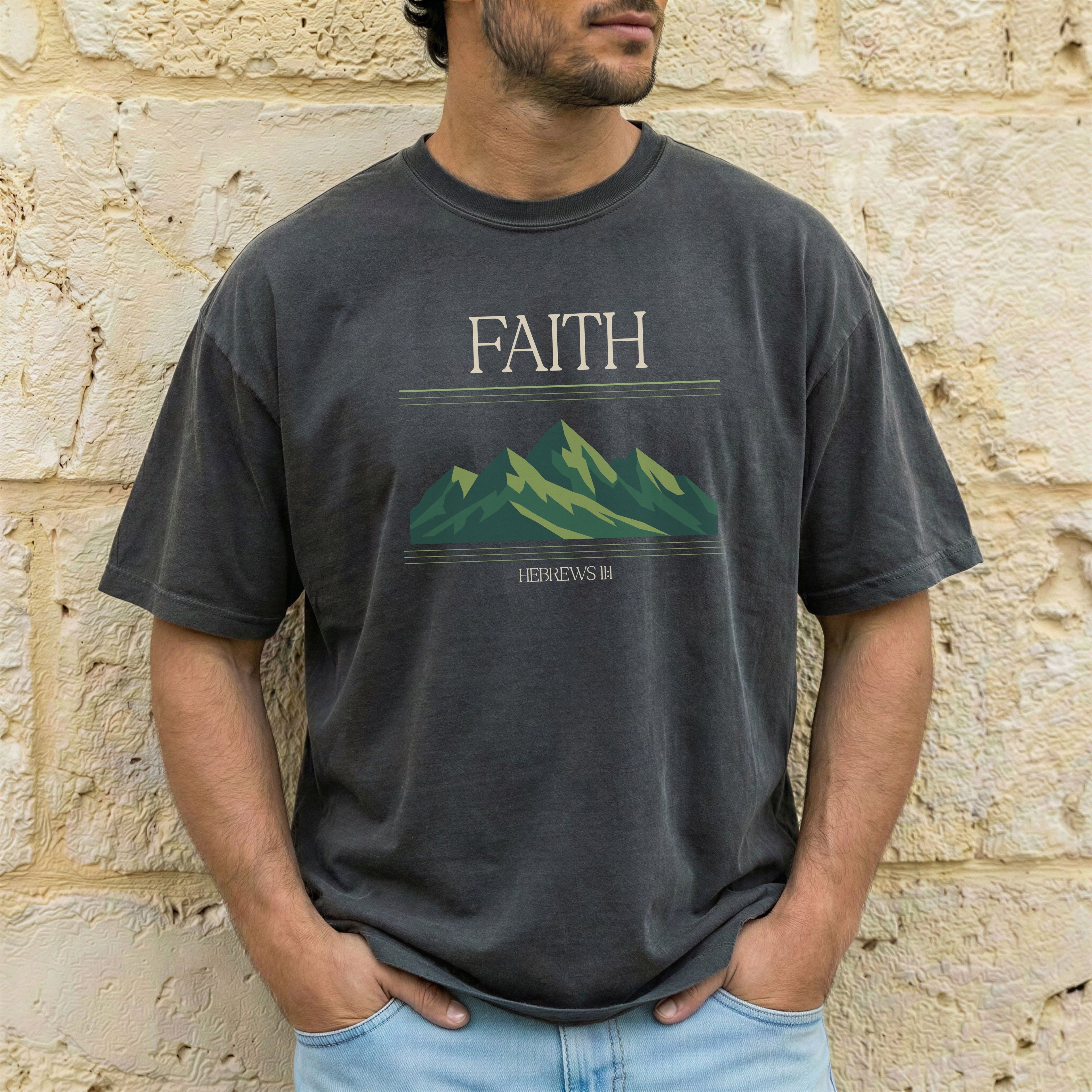 Retro Mountain Faith T-Shirt — Comfort Colors 1717 Vintage Christian Tee | Hebrews 11:1