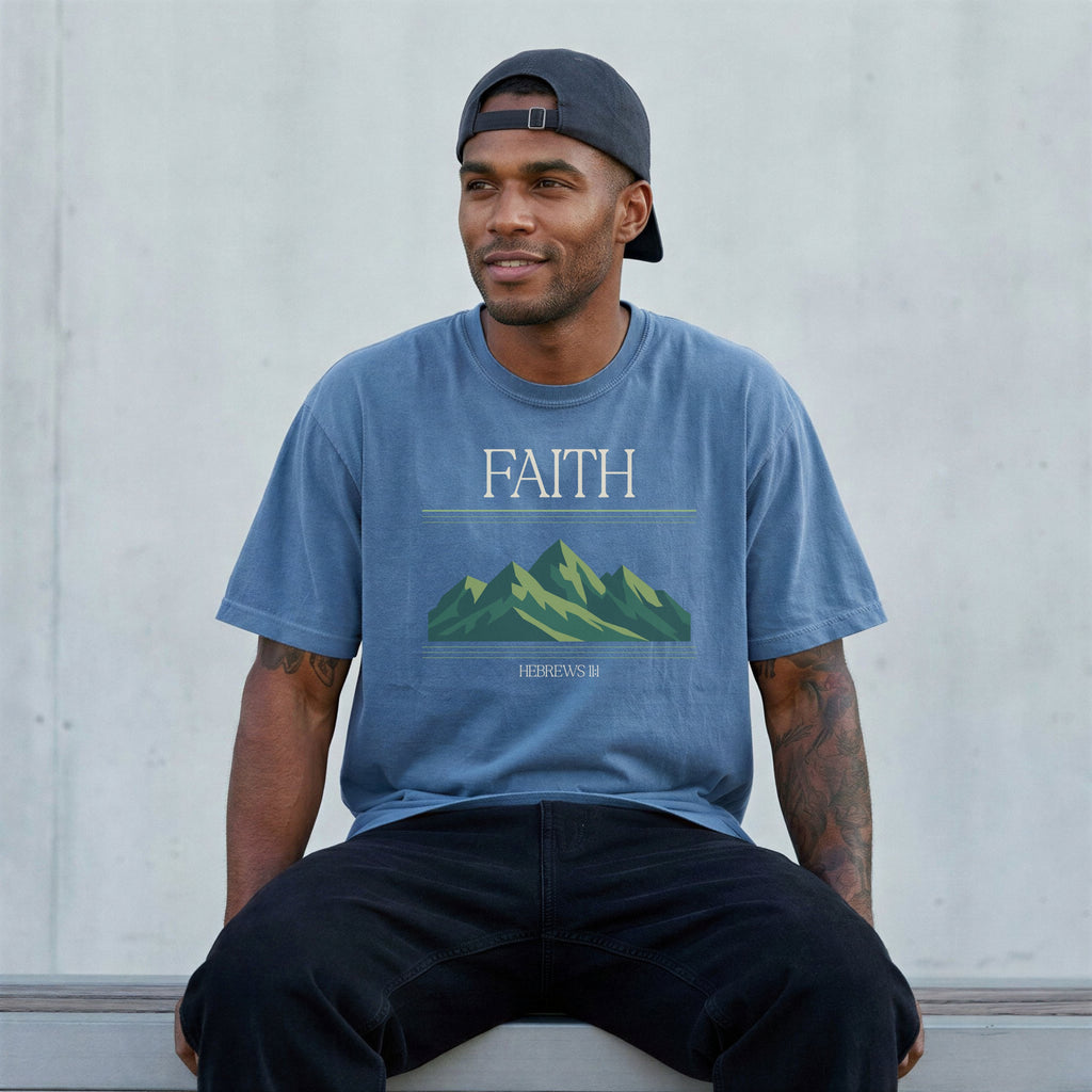 Retro Mountain Faith T-Shirt — Comfort Colors 1717 Vintage Christian Tee | Hebrews 11:1