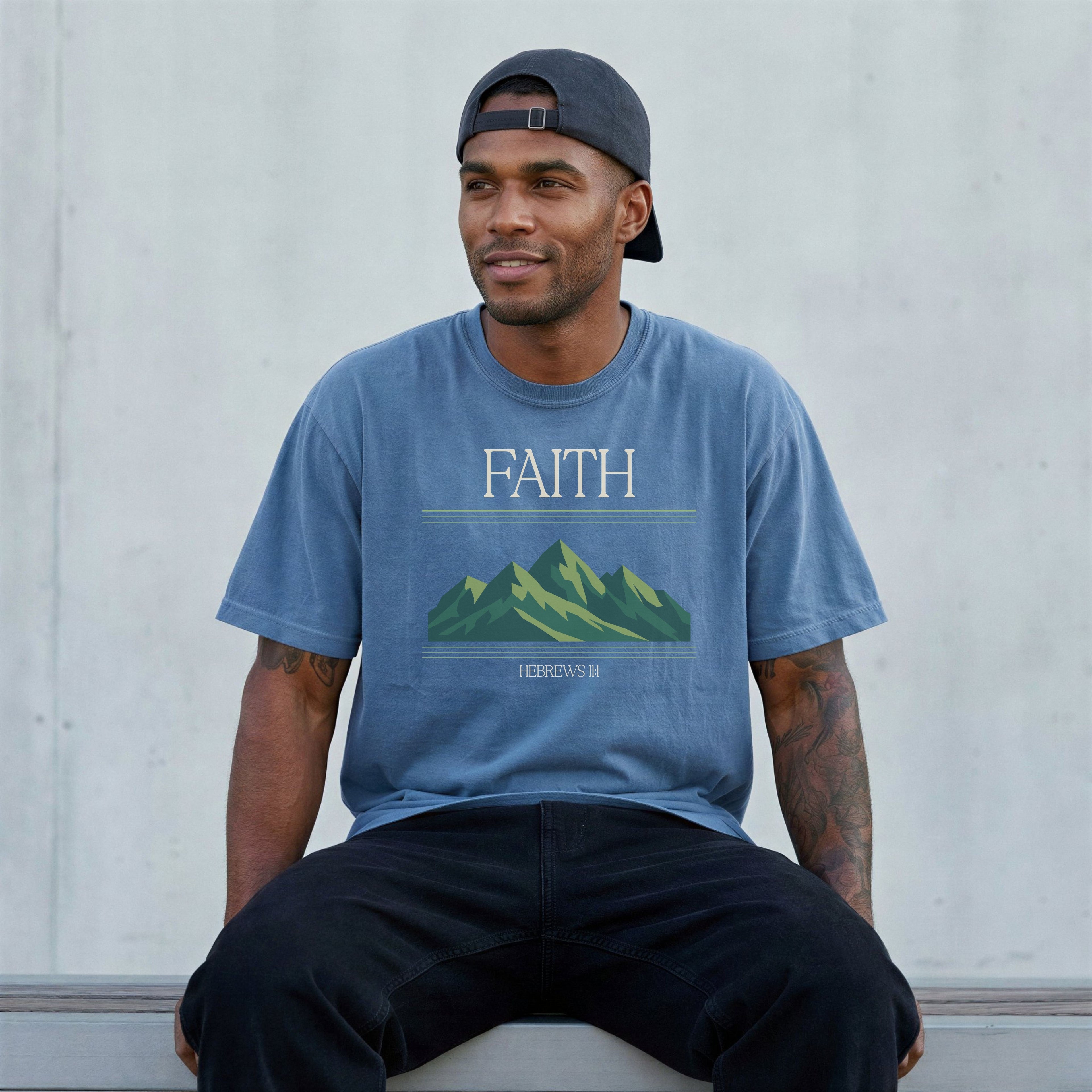 Retro Mountain Faith T-Shirt — Comfort Colors 1717 Vintage Christian Tee | Hebrews 11:1