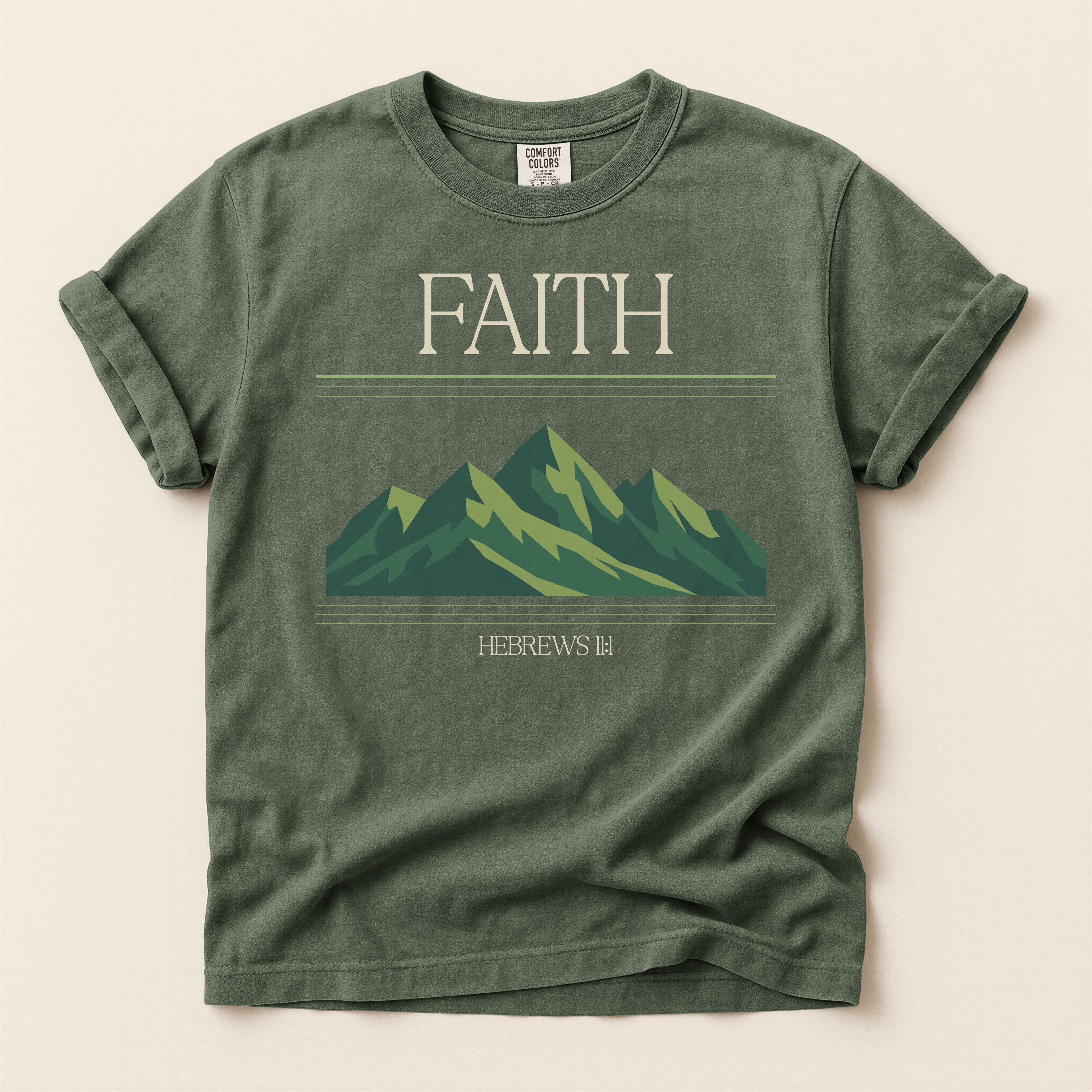 Retro Mountain Faith T-Shirt — Comfort Colors 1717 Vintage Christian Tee | Hebrews 11:1