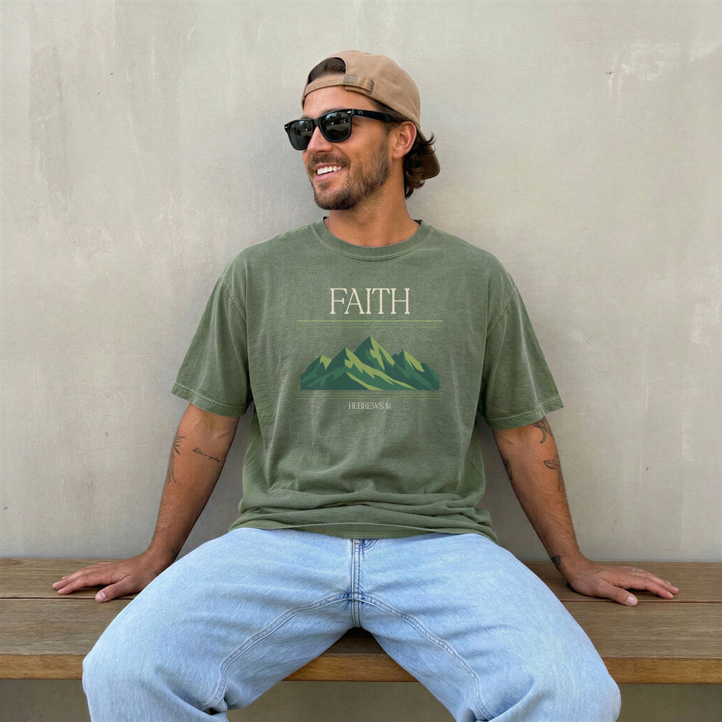 Retro Mountain Faith T-Shirt — Comfort Colors 1717 Vintage Christian Tee | Hebrews 11:1