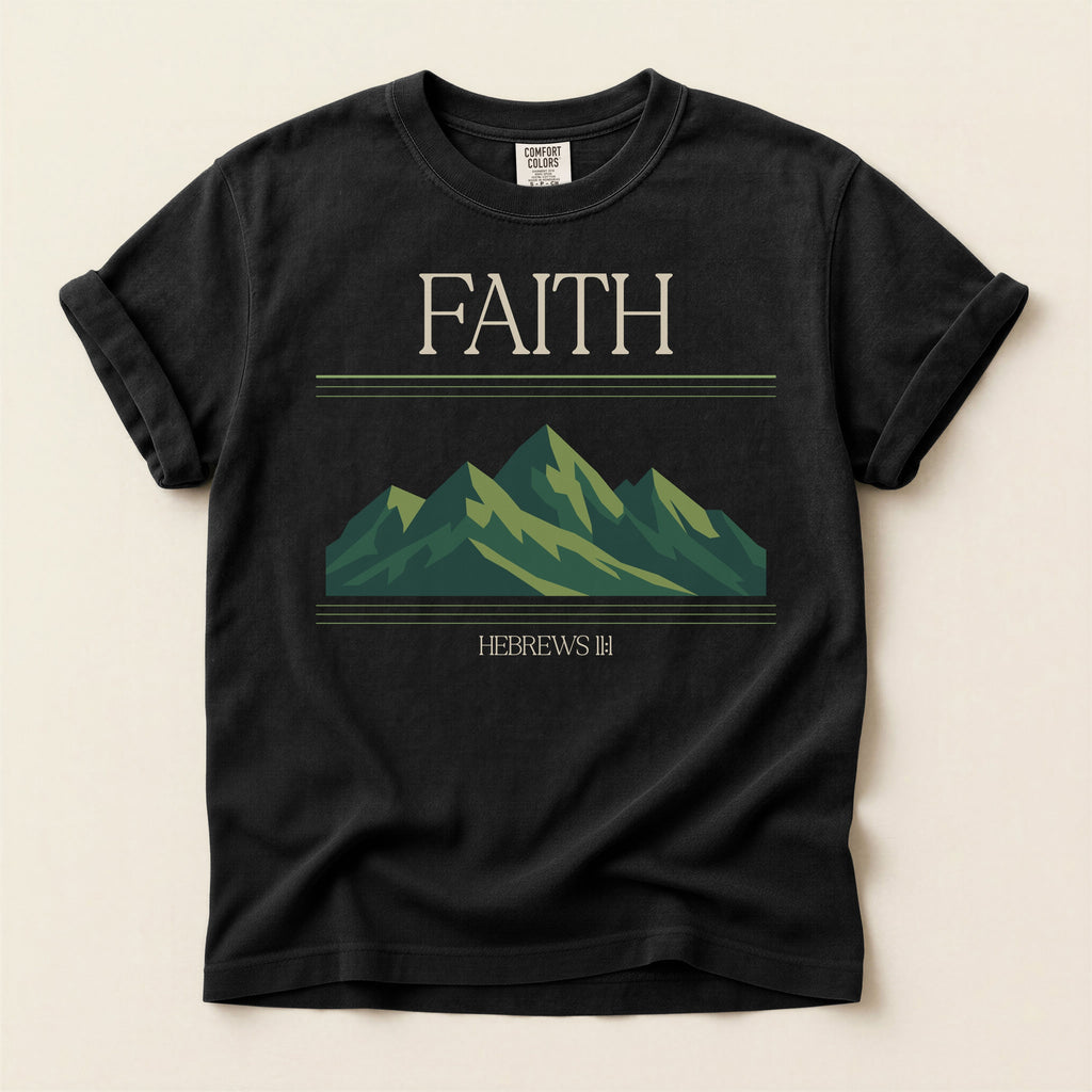 Retro Mountain Faith T-Shirt — Comfort Colors 1717 Vintage Christian Tee | Hebrews 11:1