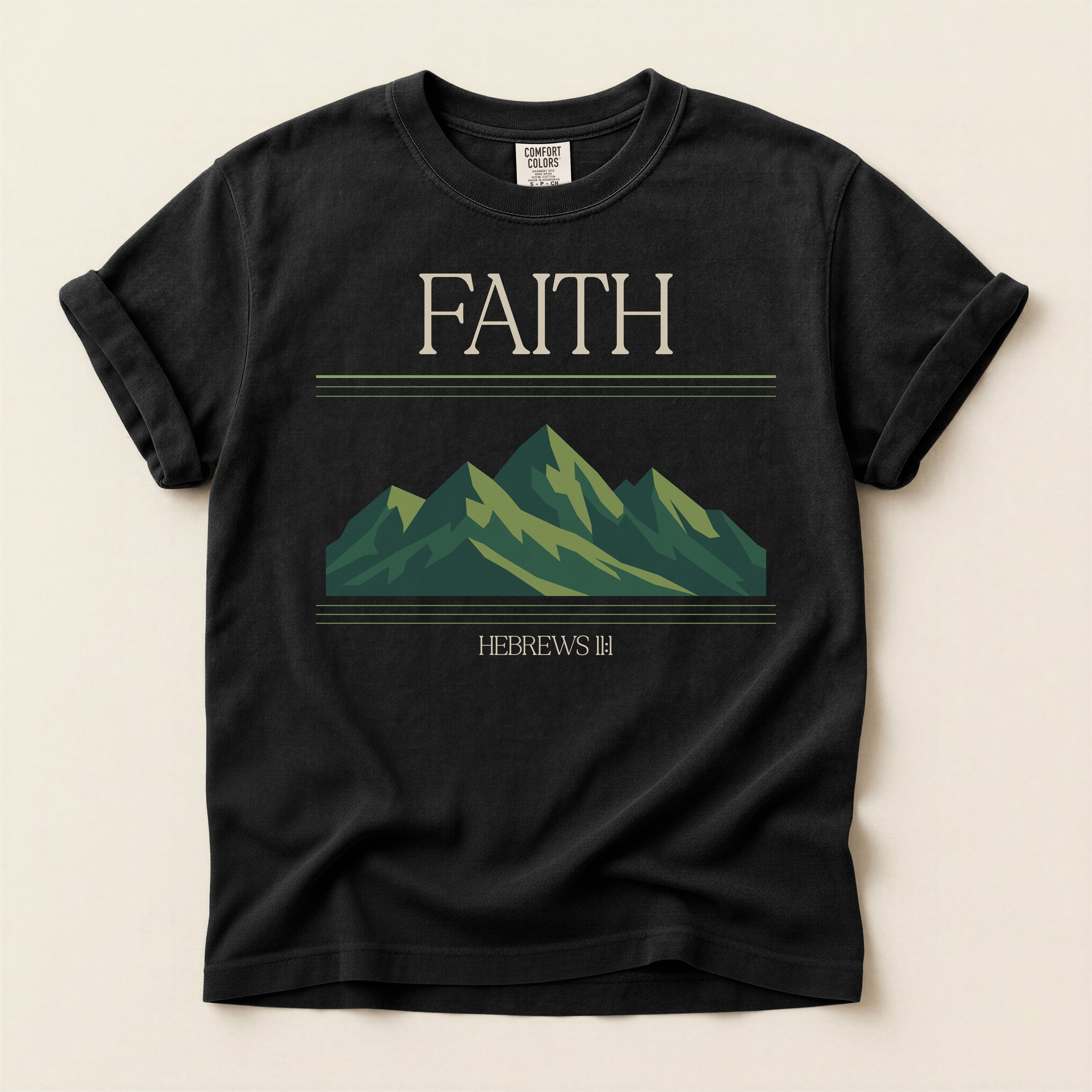 Retro Mountain Faith T-Shirt — Comfort Colors 1717 Vintage Christian Tee | Hebrews 11:1