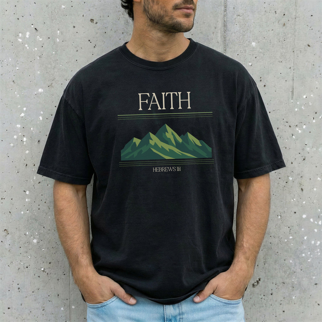 Retro Mountain Faith T-Shirt — Comfort Colors 1717 Vintage Christian Tee | Hebrews 11:1