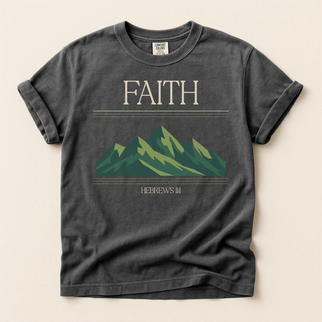 Retro Mountain Faith T-Shirt — Comfort Colors 1717 Vintage Christian Tee | Hebrews 11:1