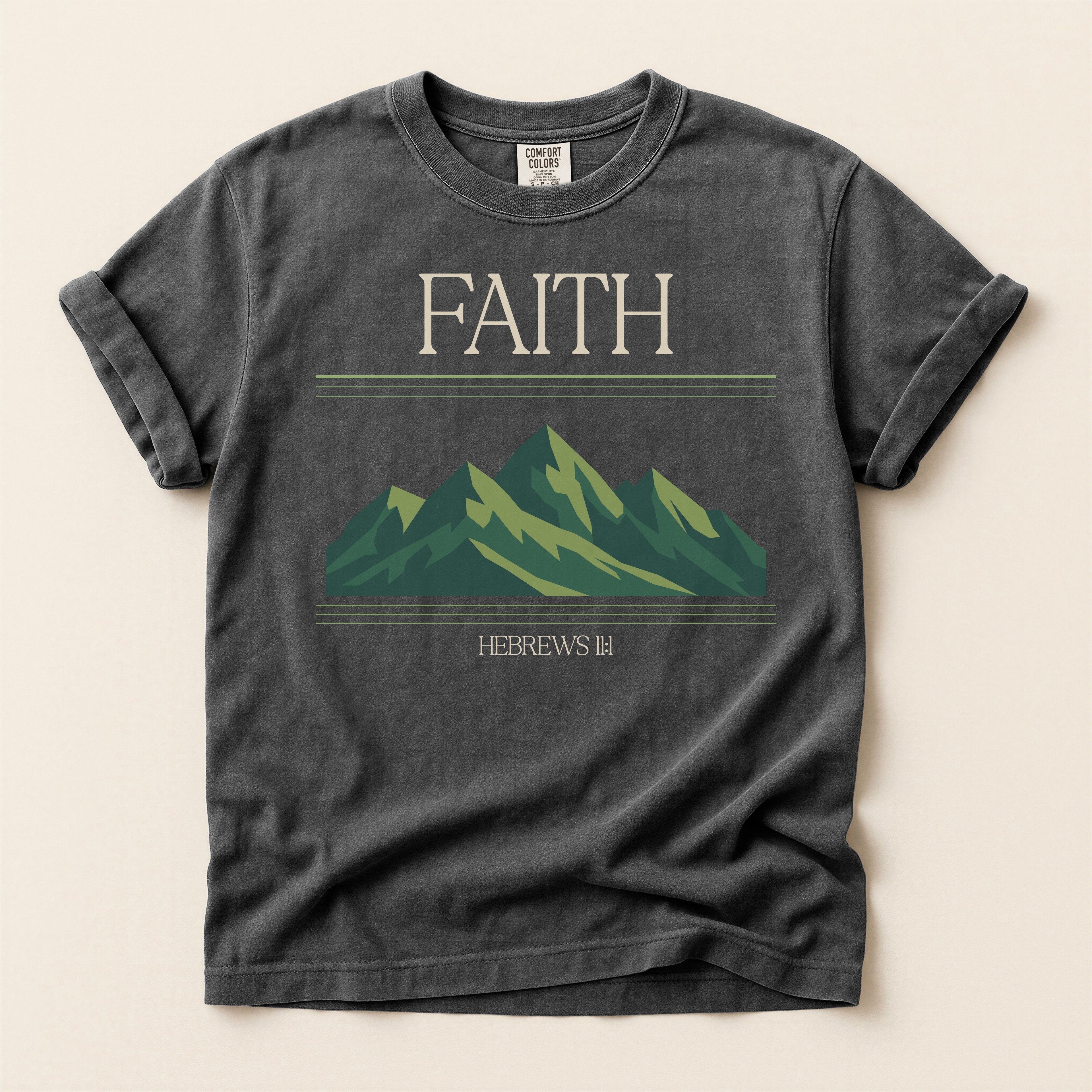 Retro Mountain Faith T-Shirt — Comfort Colors 1717 Vintage Christian Tee | Hebrews 11:1