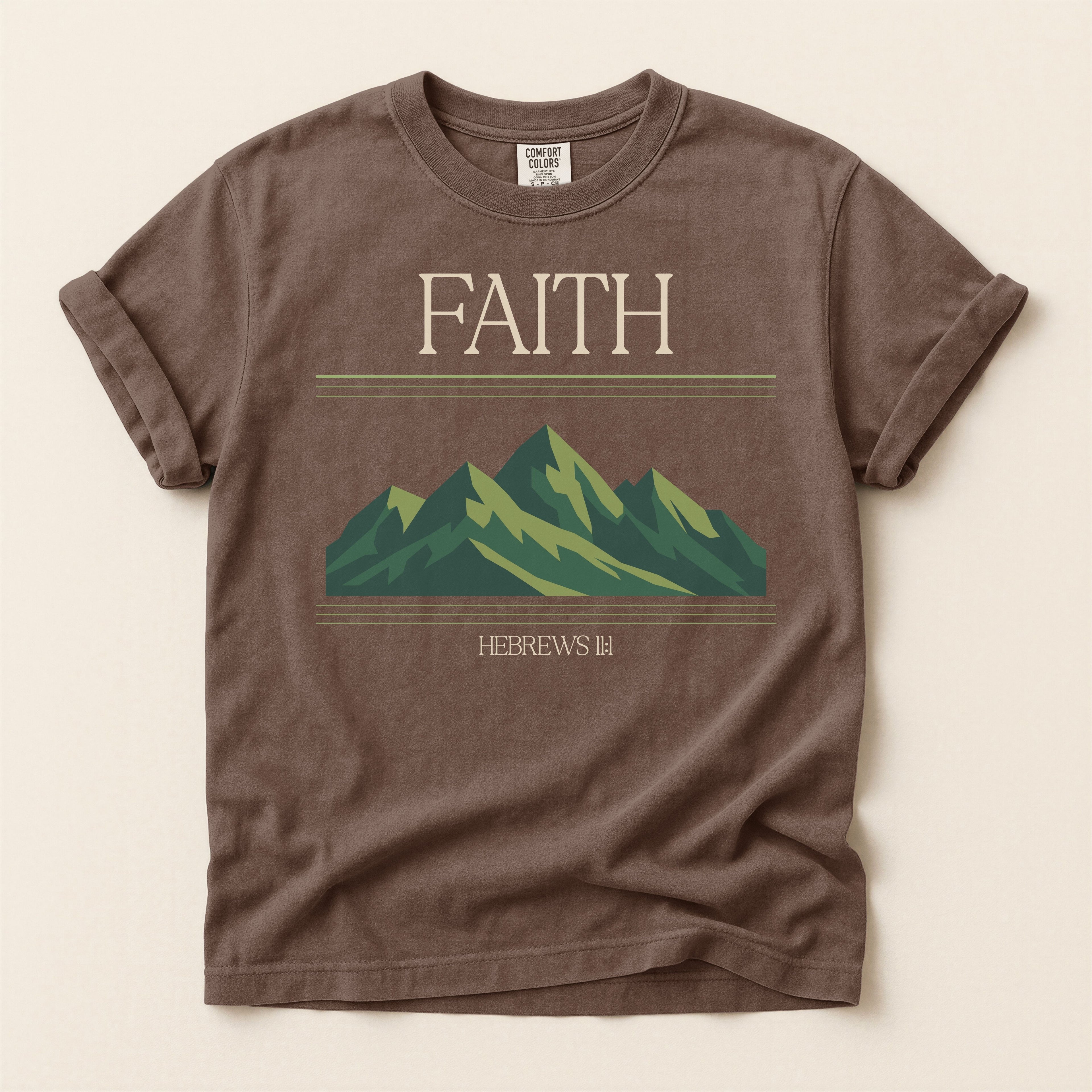 Retro Mountain Faith T-Shirt — Comfort Colors 1717 Vintage Christian Tee | Hebrews 11:1