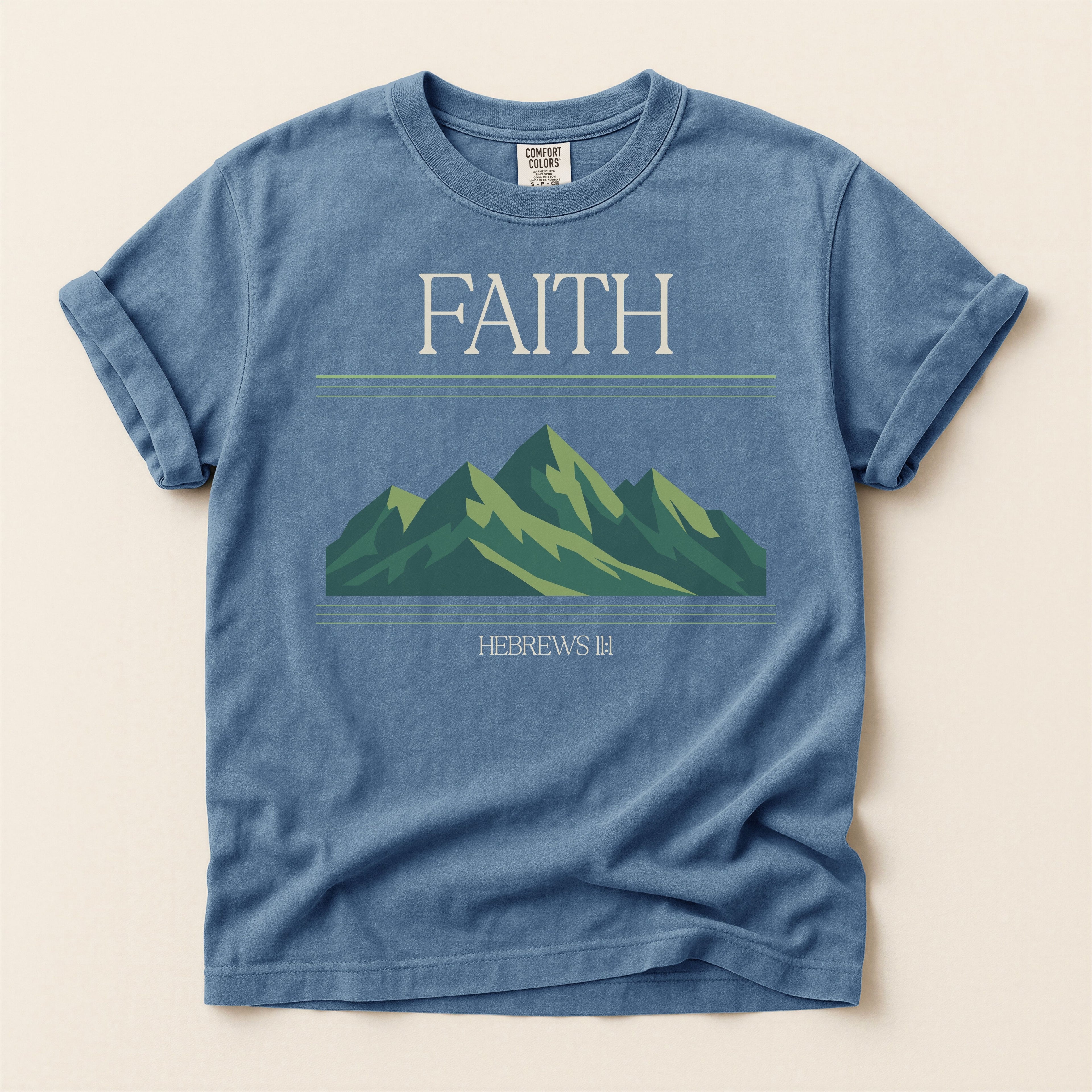 Retro Mountain Faith T-Shirt — Comfort Colors 1717 Vintage Christian Tee | Hebrews 11:1