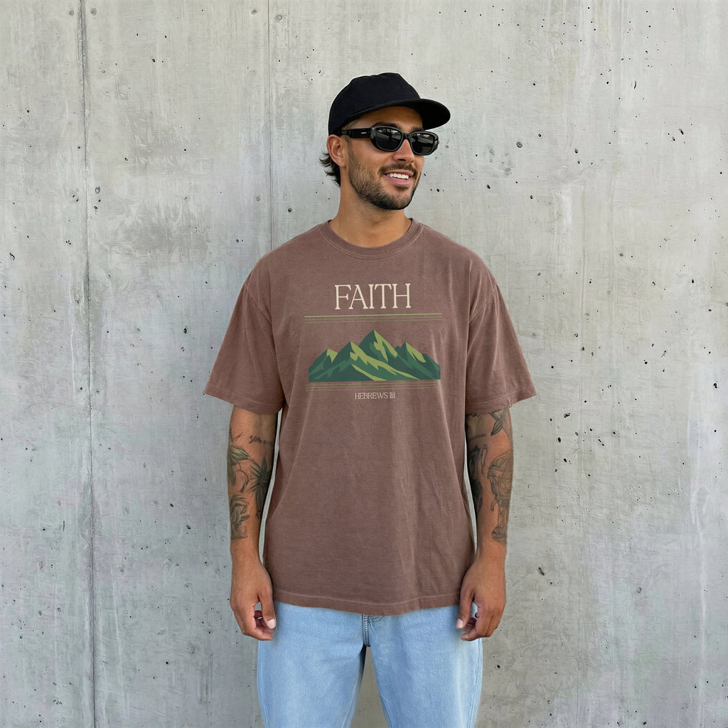 Retro Mountain Faith T-Shirt — Comfort Colors 1717 Vintage Christian Tee | Hebrews 11:1