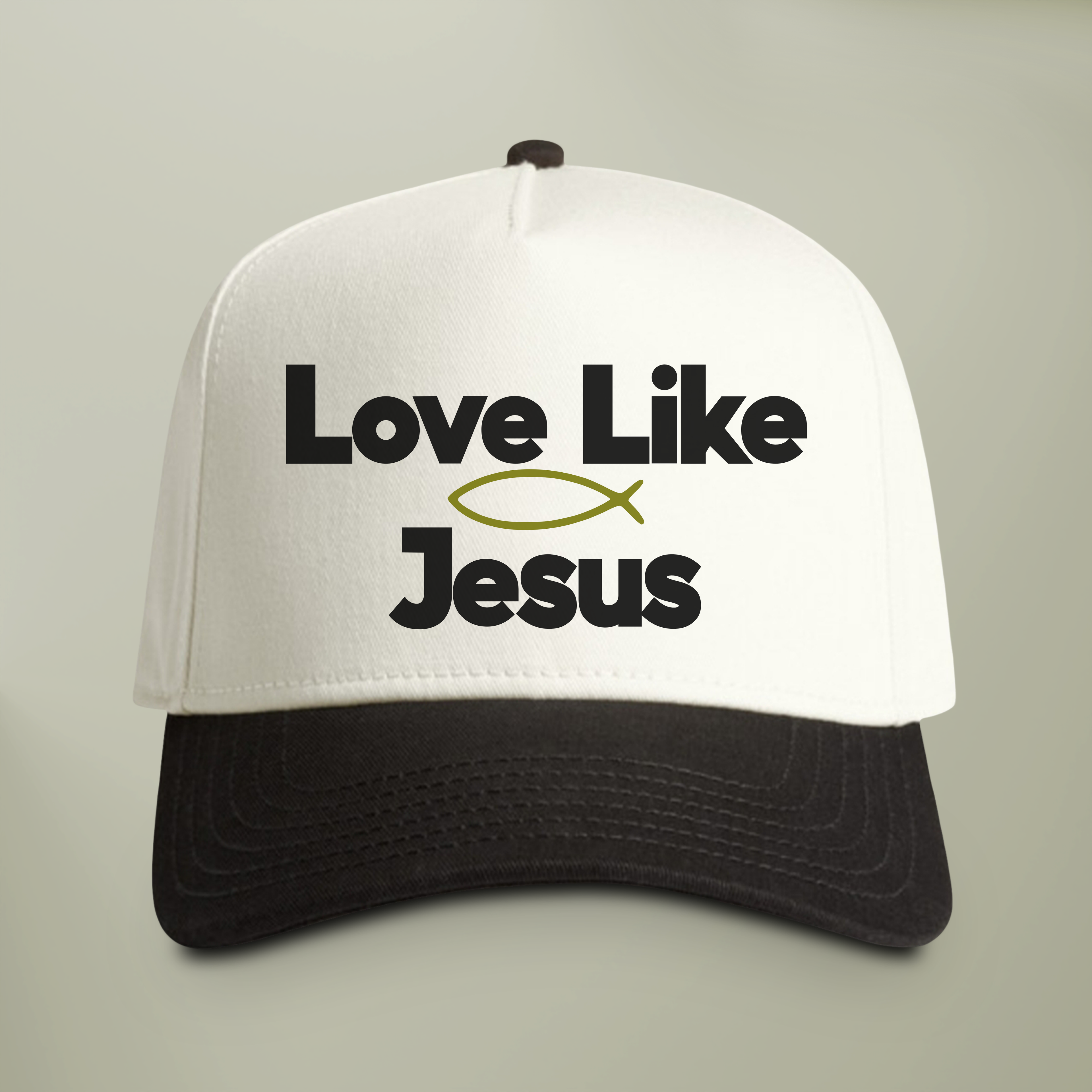 Love Like Jesus Hat — Two-Tone Snapback Christian Cap | Green Ichthys Fish Faith Hat